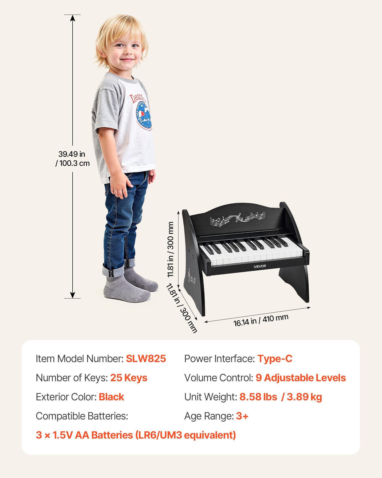 VEVOR Teclado de Piano Infantil 25 Teclas de Madera, Piano Electrónico para Niños 3-10 Años, Volumen Ajustable, USB-C o Pilas, con Pegatinas de Notas y Hojas de Práctica, para Viaje Familiar Casa Aula