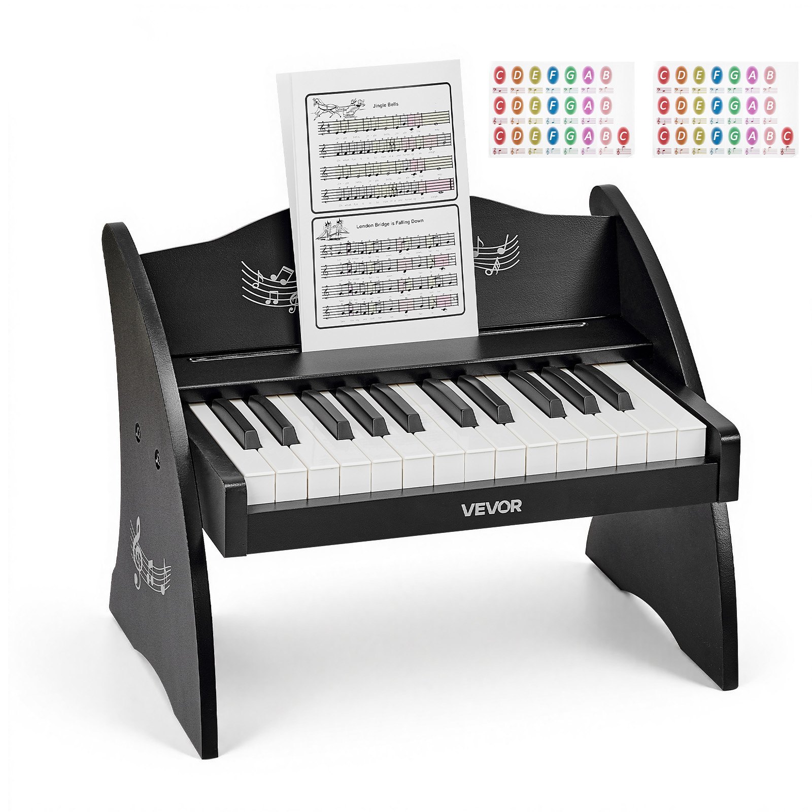 VEVOR Teclado de Piano Infantil 25 Teclas de Madera, Piano Electrónico para Niños 3-10 Años, Volumen Ajustable, USB-C o Pilas, con Pegatinas de Notas y Hojas de Práctica, para Viaje Familiar Casa Aula