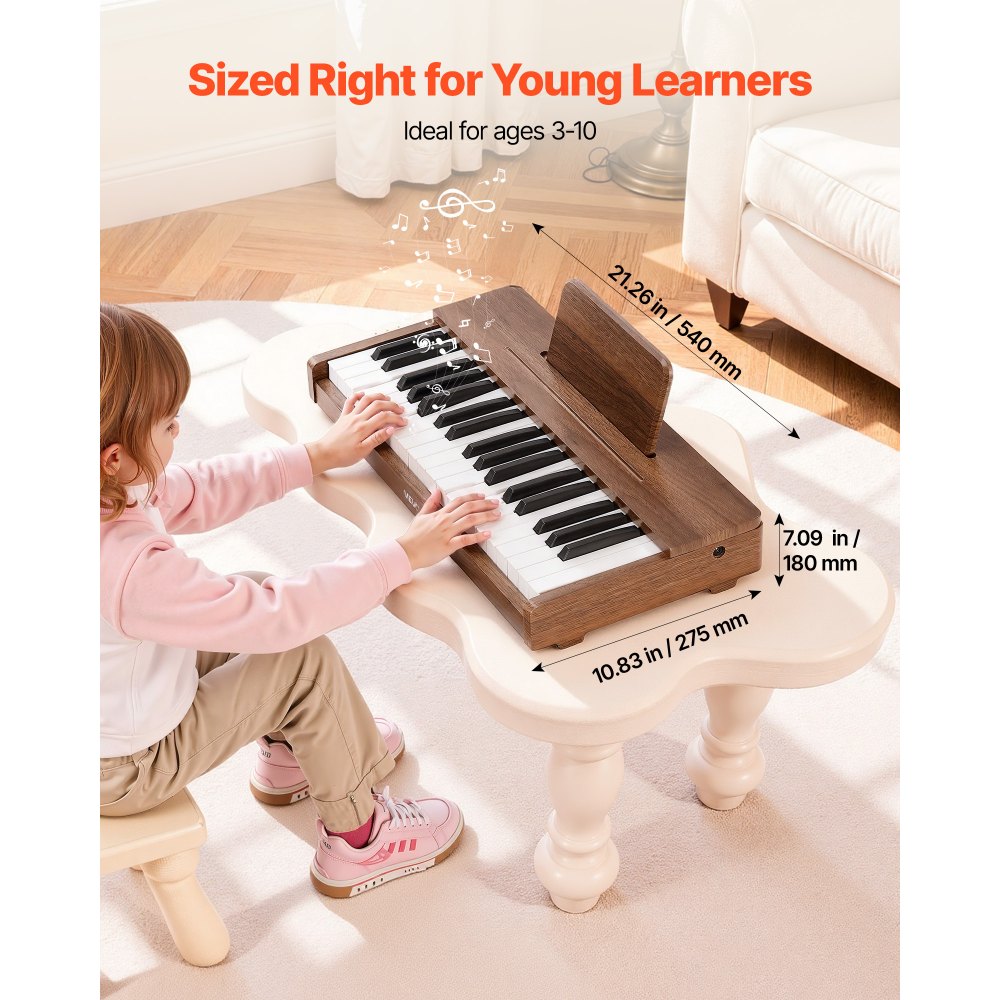 VEVOR Teclado de Piano Infantil 37 Teclas de Madera, Piano Electrónico para Niños 3-10 Años, USB-C o Pilas, Volumen Ajustable, con Pegatinas de Notas y Hojas de Práctica, para Casa Aula Viaje Familiar