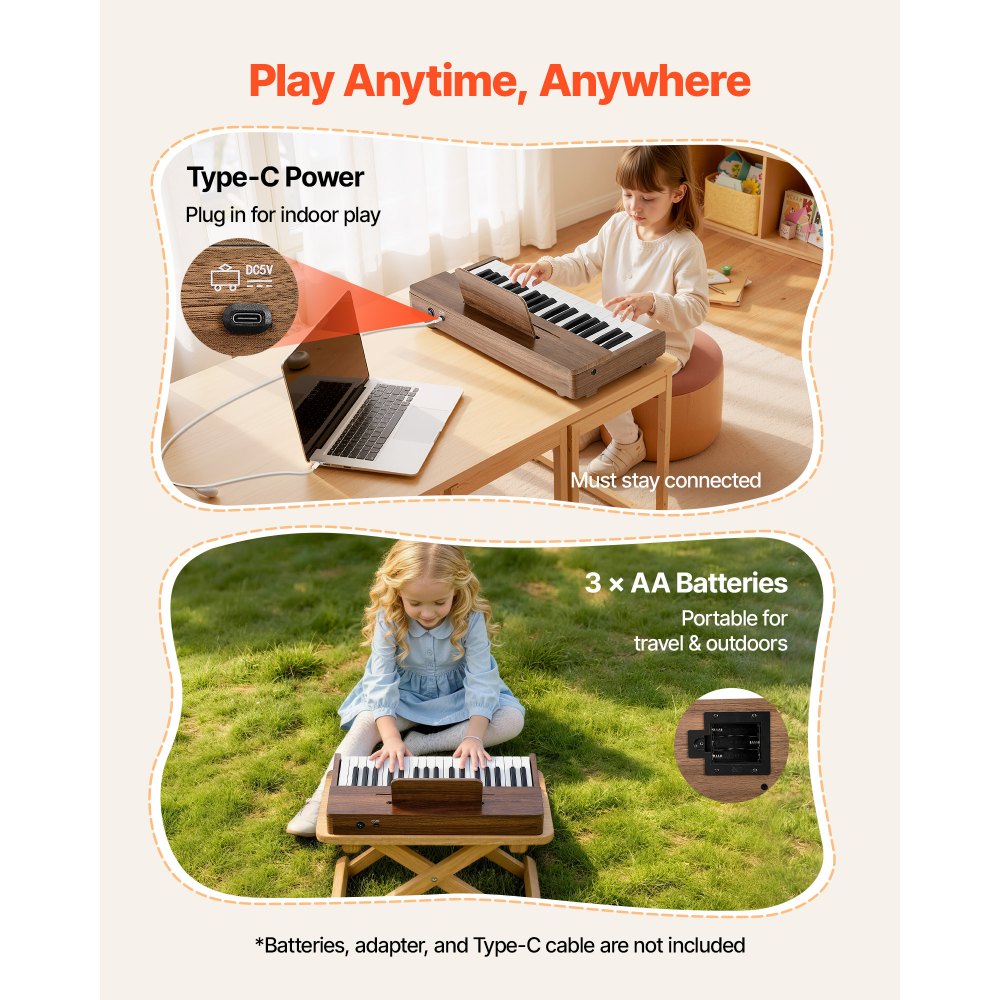 VEVOR Teclado de Piano Infantil 37 Teclas de Madera, Piano Electrónico para Niños 3-10 Años, USB-C o Pilas, Volumen Ajustable, con Pegatinas de Notas y Hojas de Práctica, para Casa Aula Viaje Familiar
