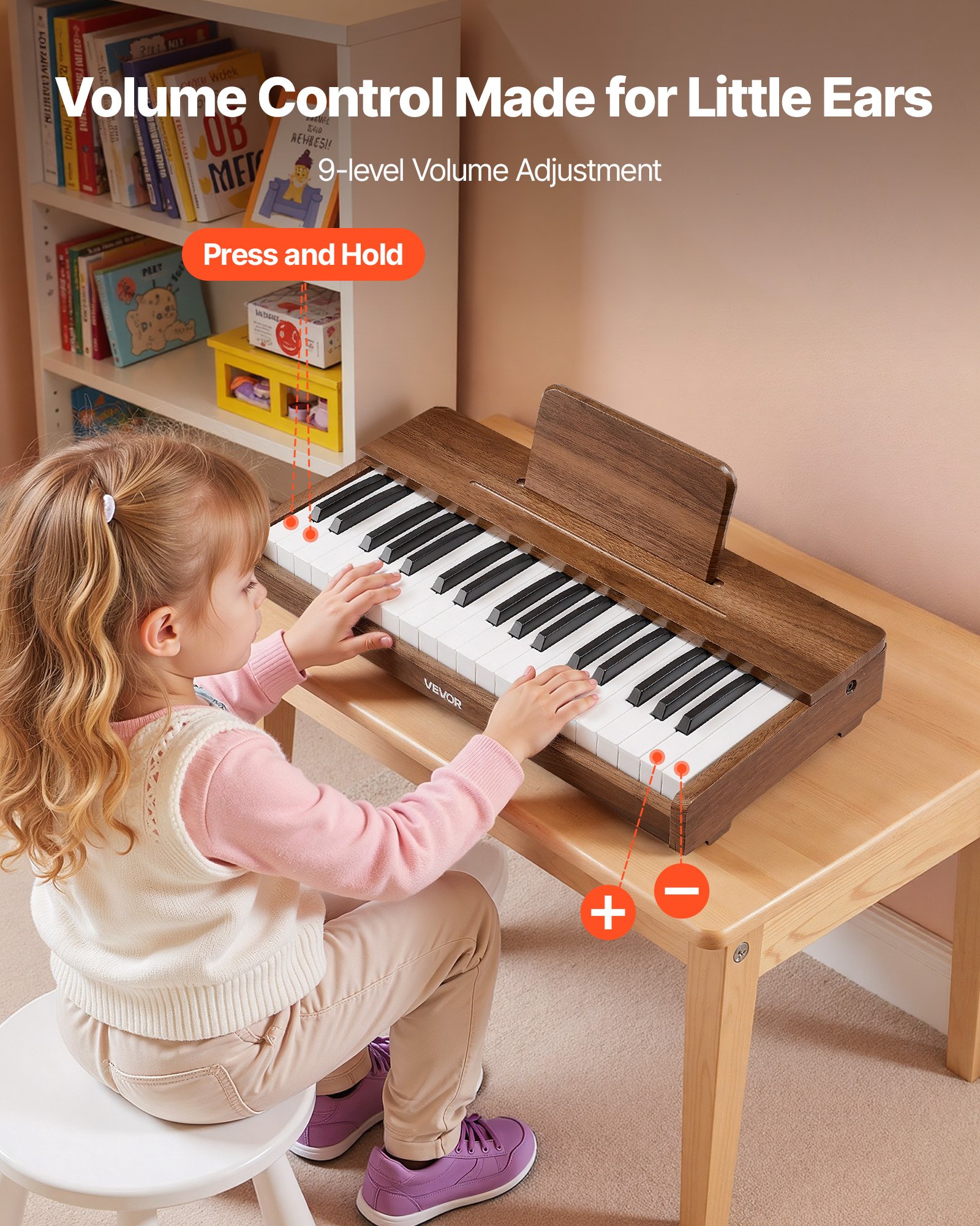 VEVOR Teclado de Piano Infantil 37 Teclas de Madera, Piano Electrónico para Niños 3-10 Años, USB-C o Pilas, Volumen Ajustable, con Pegatinas de Notas y Hojas de Práctica, para Casa Aula Viaje Familiar