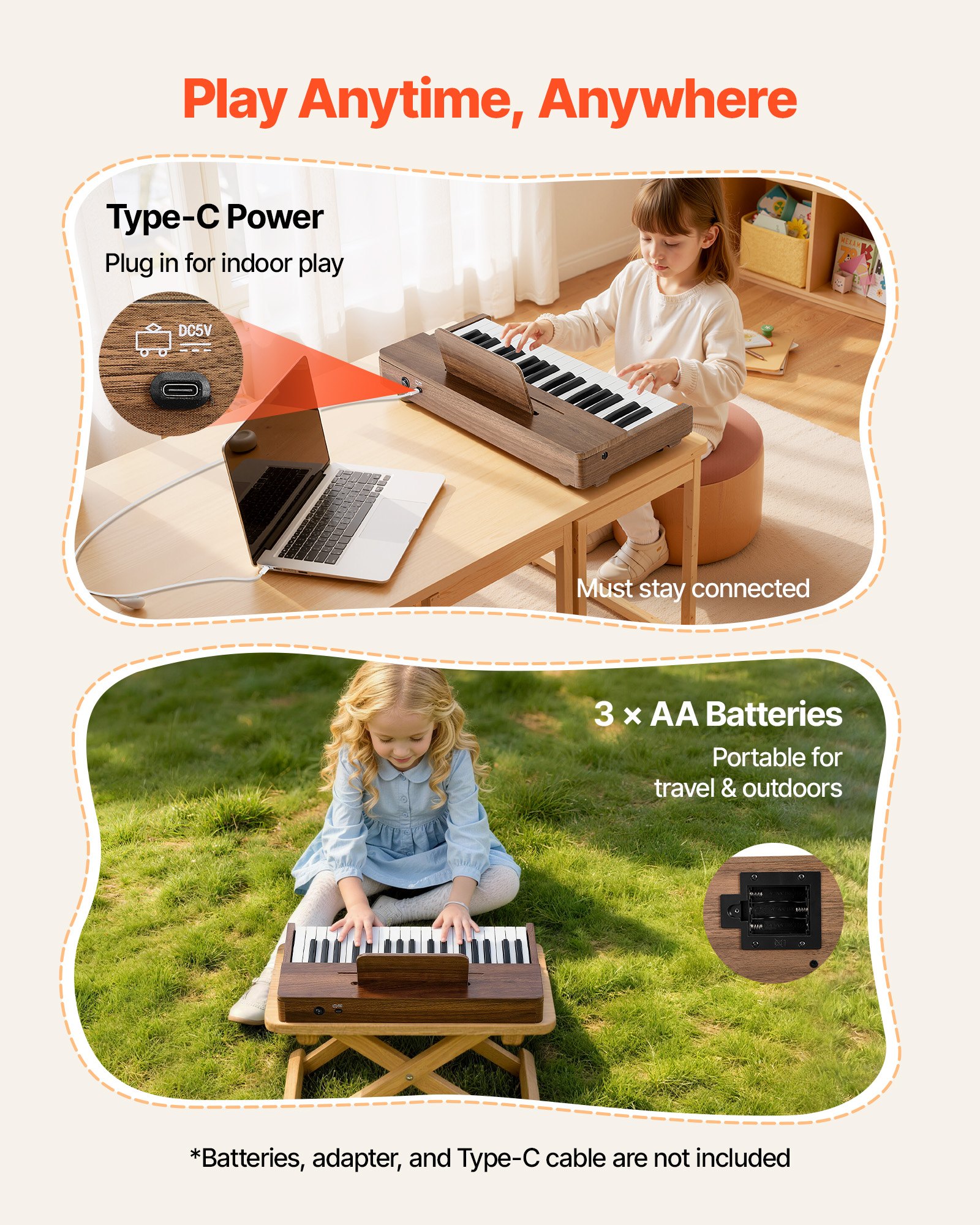 VEVOR Teclado de Piano Infantil 37 Teclas de Madera, Piano Electrónico para Niños 3-10 Años, USB-C o Pilas, Volumen Ajustable, con Pegatinas de Notas y Hojas de Práctica, para Casa Aula Viaje Familiar
