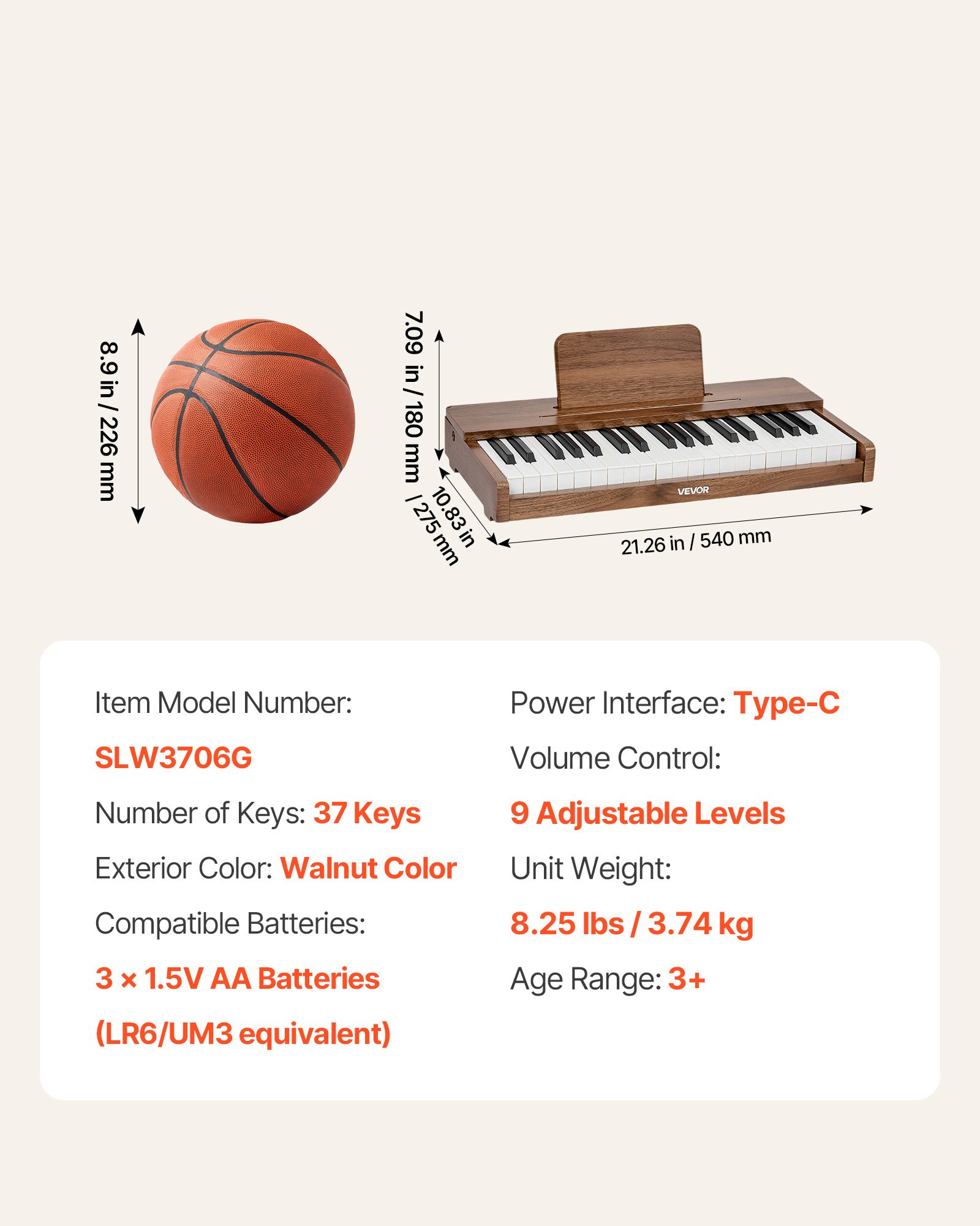 VEVOR Teclado de Piano Infantil 37 Teclas de Madera, Piano Electrónico para Niños 3-10 Años, USB-C o Pilas, Volumen Ajustable, con Pegatinas de Notas y Hojas de Práctica, para Casa Aula Viaje Familiar