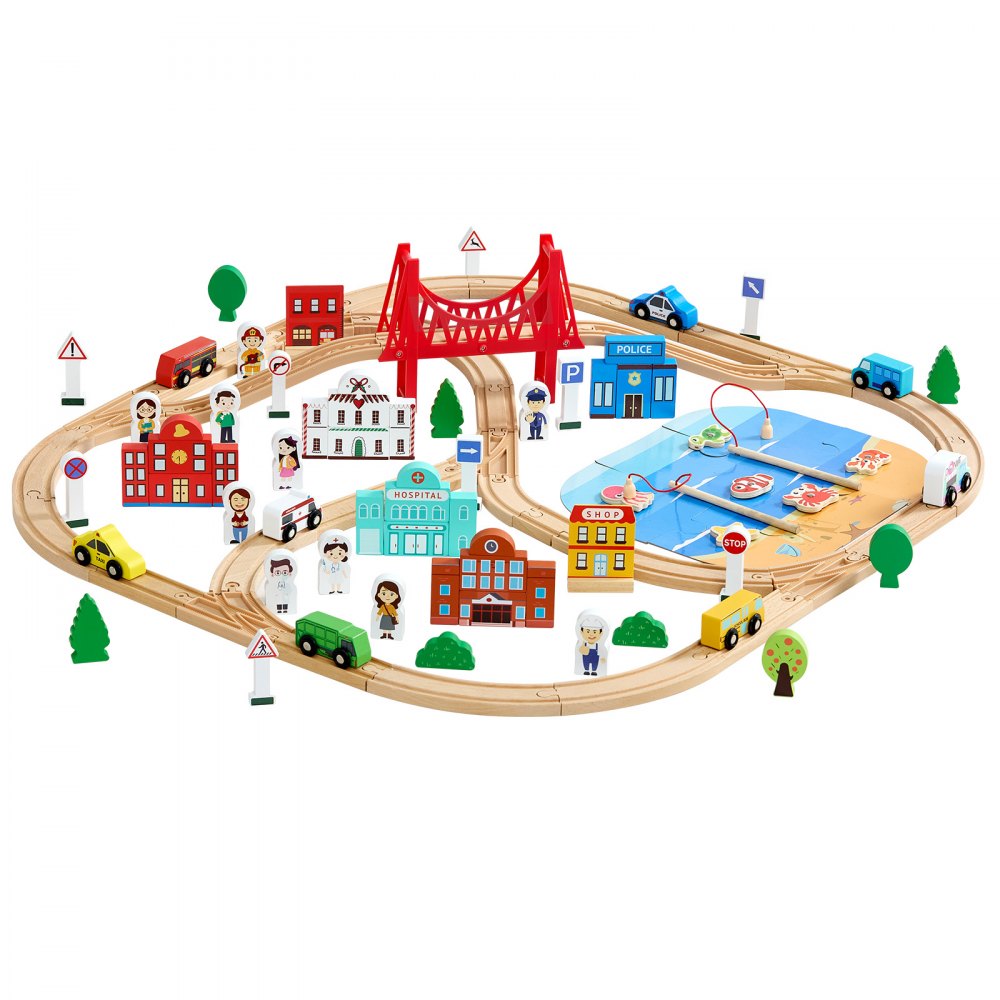 VEVOR Juego de Tren de Madera con Pistas, 113 Piezas con Accesorios, Edificios Urbanos Juego de Pesca, Set Educativo, Diseños Múltiples, Juguete Compatible con Marcas Principales para Niños 3 a 8 Años