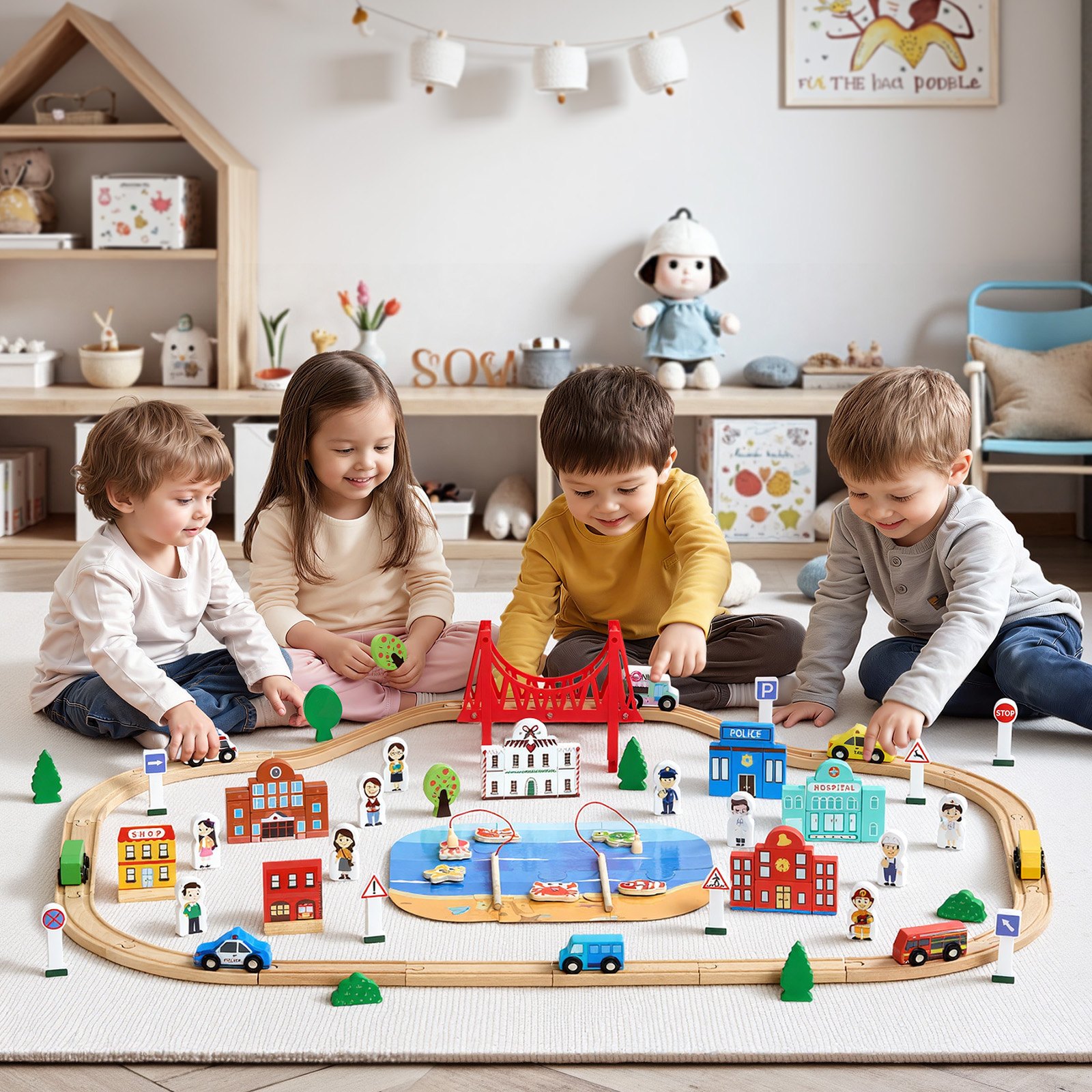 VEVOR Juego de Tren de Madera con Pistas, 113 Piezas con Accesorios, Edificios Urbanos Juego de Pesca, Set Educativo, Diseños Múltiples, Juguete Compatible con Marcas Principales para Niños 3 a 8 Años