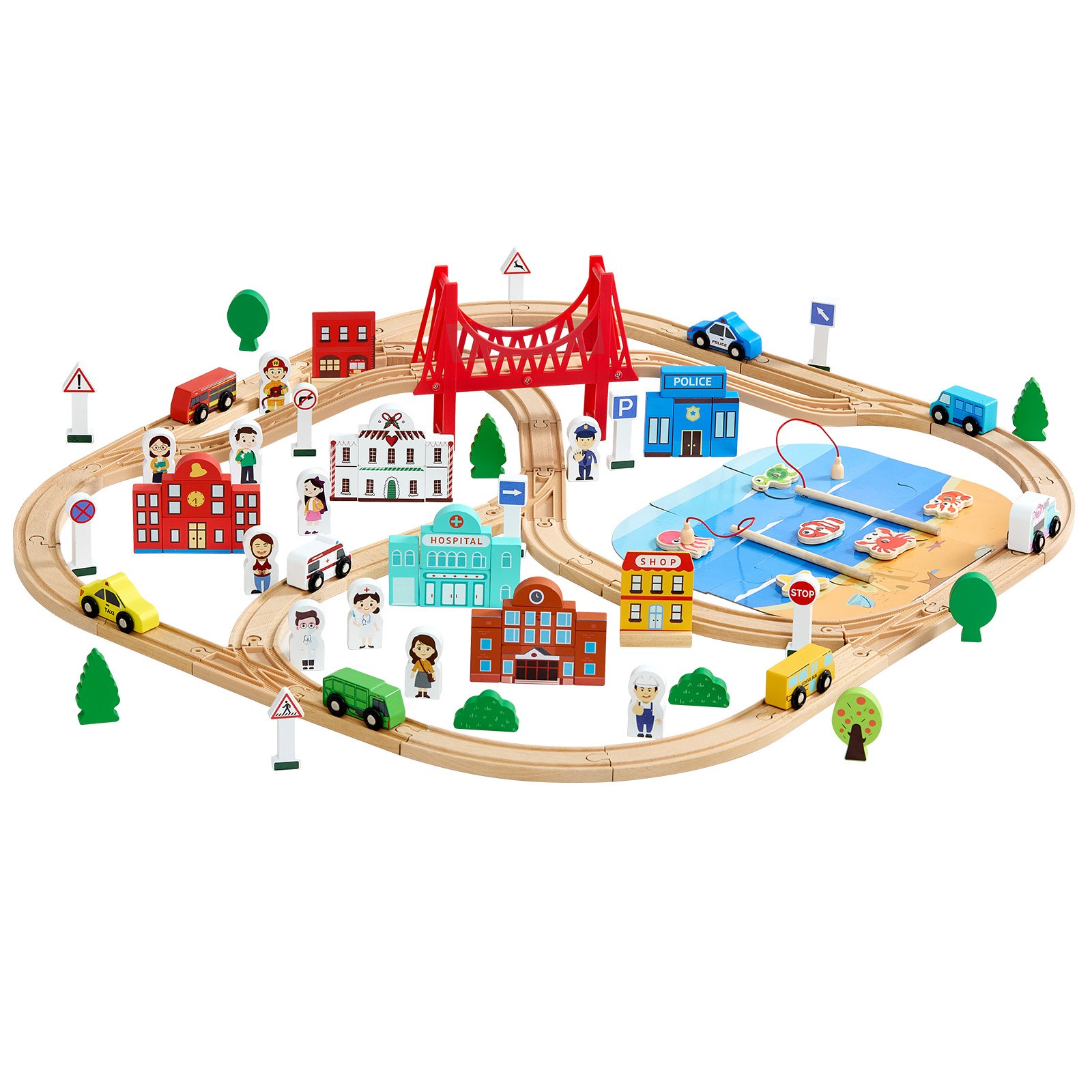 VEVOR Juego de Tren de Madera con Pistas, 113 Piezas con Accesorios, Edificios Urbanos Juego de Pesca, Set Educativo, Diseños Múltiples, Juguete Compatible con Marcas Principales para Niños 3 a 8 Años