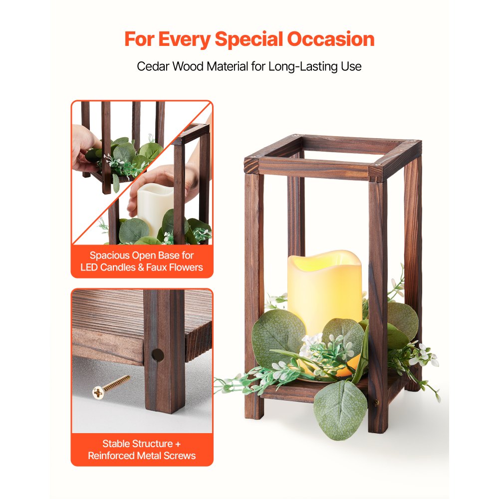 VEVOR Faroles de Madera para Bodas 12 Juegos con Velas LED y Coronas de Flores, Farolillos para Velas 140 x 140 x 254,8 mm, Candelabros para Decoración Rústica de Mesa de Boda, para Fiestas, Marrón