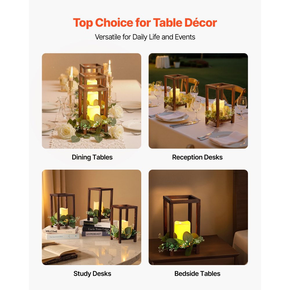 VEVOR Faroles de Madera para Bodas 12 Juegos con Velas LED y Coronas de Flores, Farolillos para Velas 140 x 140 x 254,8 mm, Candelabros para Decoración Rústica de Mesa de Boda, para Fiestas, Marrón