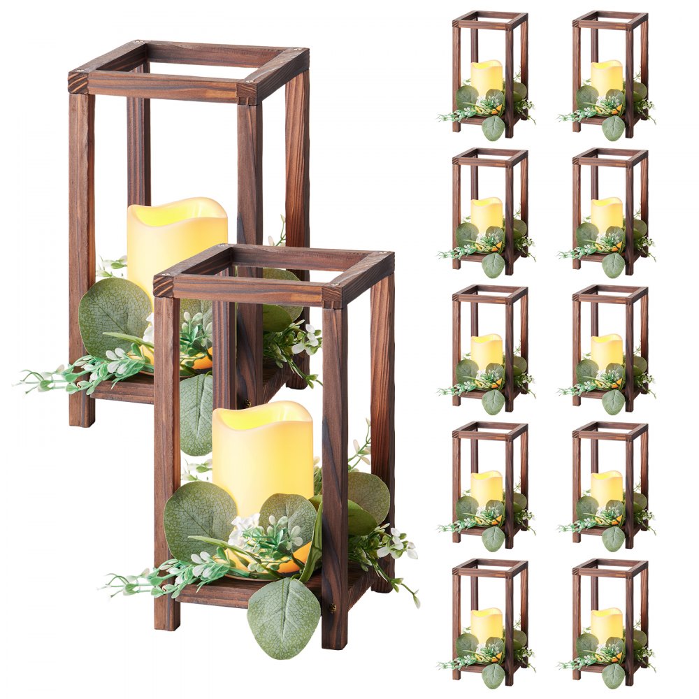 VEVOR Faroles de Madera para Bodas 12 Juegos con Velas LED y Coronas de Flores, Farolillos para Velas 140 x 140 x 254,8 mm, Candelabros para Decoración Rústica de Mesa de Boda, para Fiestas, Marrón