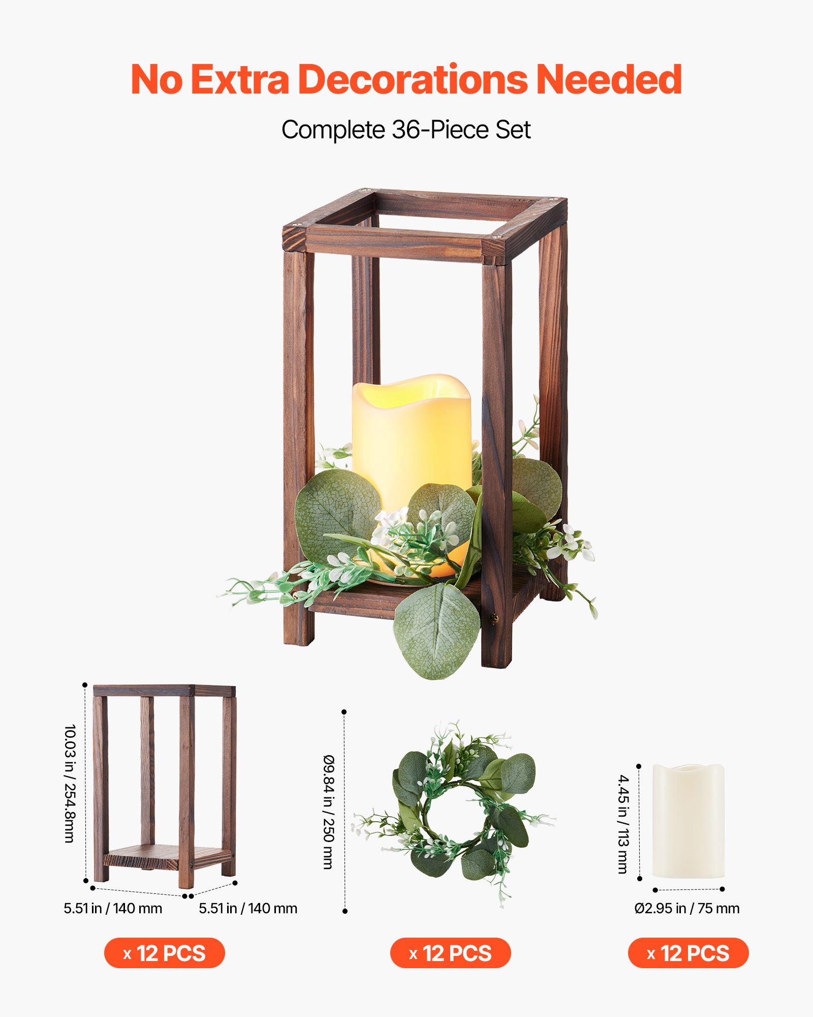 VEVOR Faroles de Madera para Bodas 12 Juegos con Velas LED y Coronas de Flores, Farolillos para Velas 140 x 140 x 254,8 mm, Candelabros para Decoración Rústica de Mesa de Boda, para Fiestas, Marrón