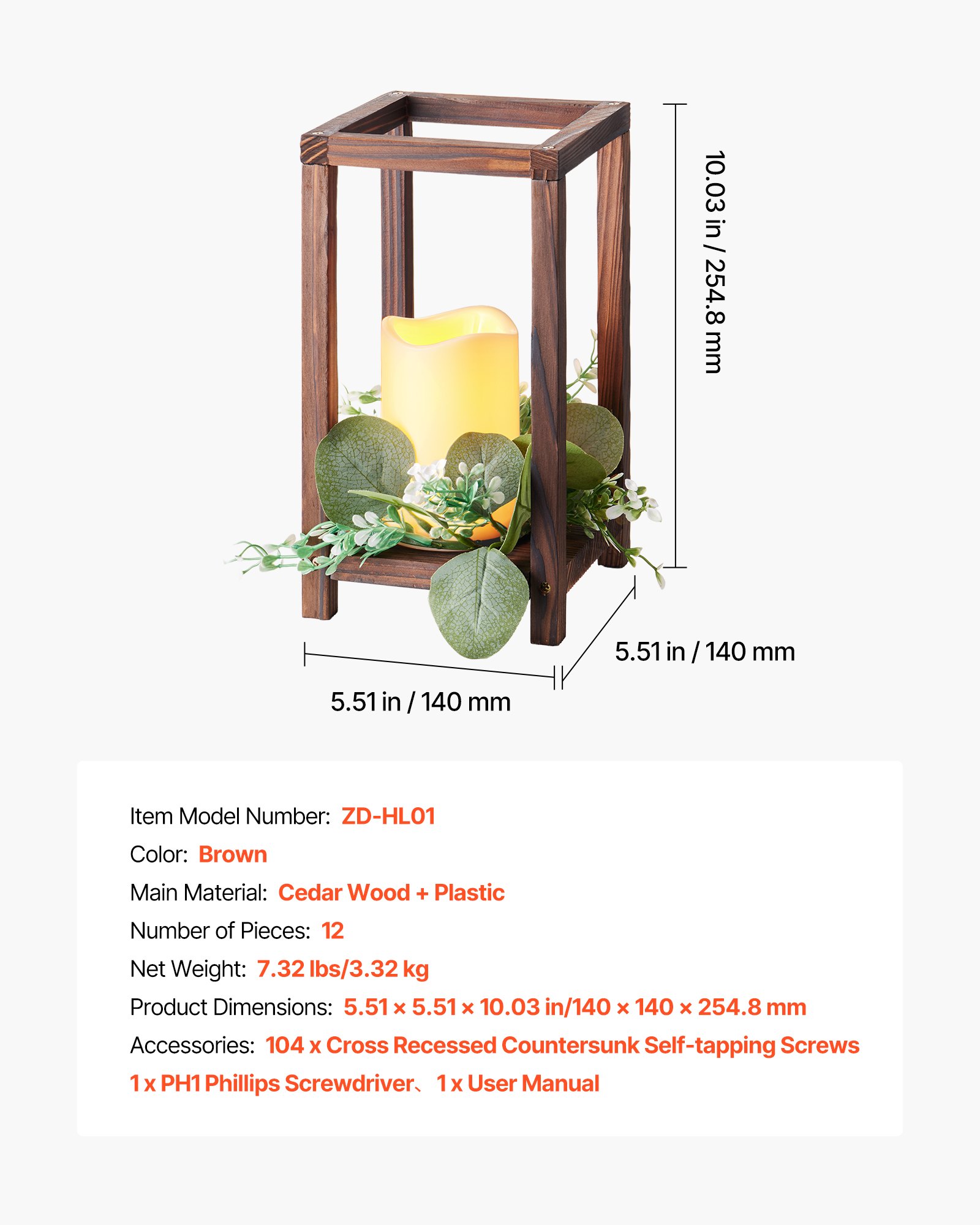 VEVOR Faroles de Madera para Bodas 12 Juegos con Velas LED y Coronas de Flores, Farolillos para Velas 140 x 140 x 254,8 mm, Candelabros para Decoración Rústica de Mesa de Boda, para Fiestas, Marrón