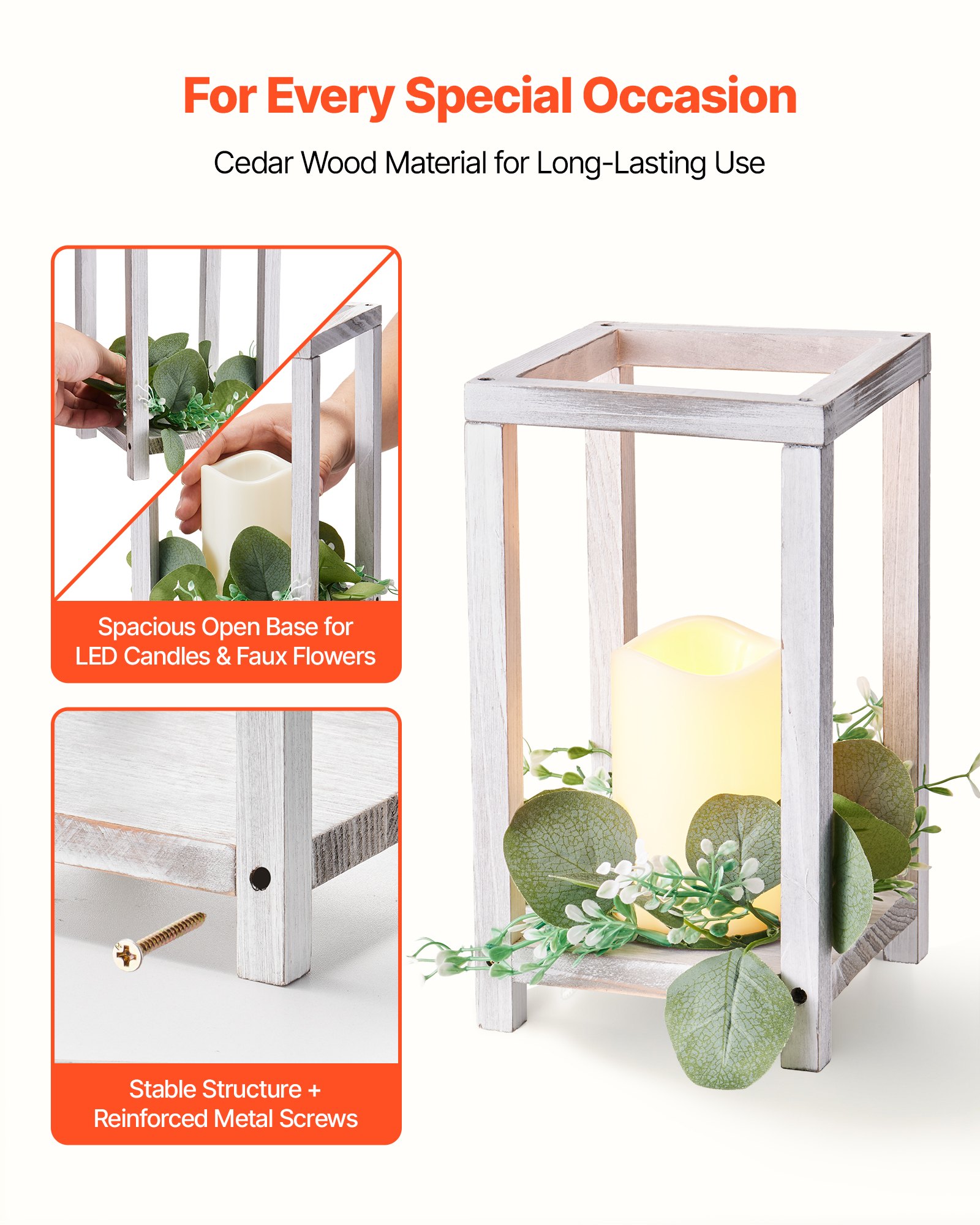 VEVOR Faroles de Madera para Bodas 12 Juegos con Velas LED y Coronas de Flores, Farolillos para Velas 140 x 140 x 254,8 mm, Candelabros para Decoración Rústica de Mesa de Boda, para Fiestas, Blanco