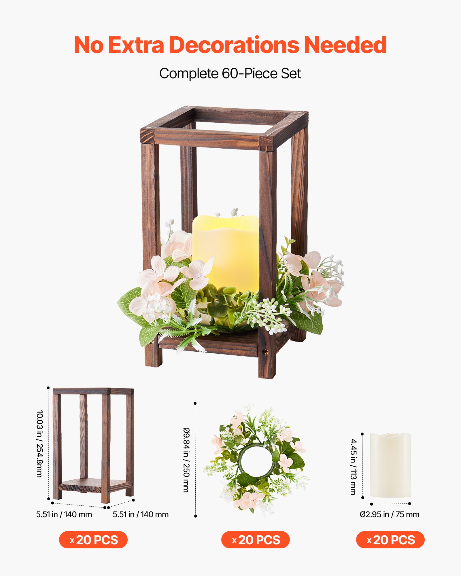 VEVOR Faroles de Madera para Bodas 20 Juegos con Velas LED y Coronas de Flores, Farolillos para Velas 140 x 140 x 254,8 mm, Candelabros para Decoración Rústica de Mesa de Boda, para Fiestas, Marrón