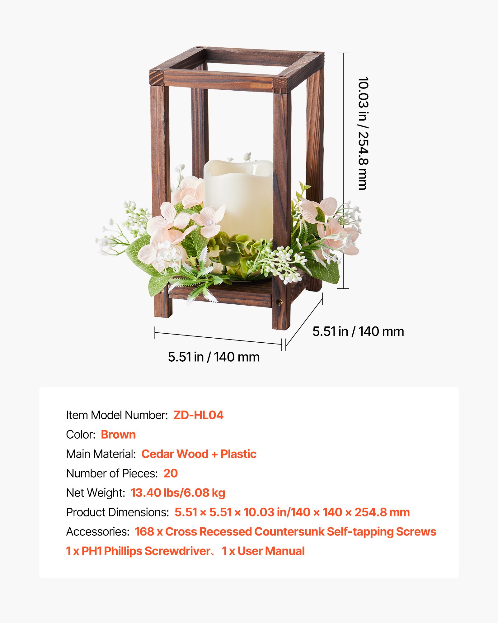 VEVOR Faroles de Madera para Bodas 20 Juegos con Velas LED y Coronas de Flores, Farolillos para Velas 140 x 140 x 254,8 mm, Candelabros para Decoración Rústica de Mesa de Boda, para Fiestas, Marrón