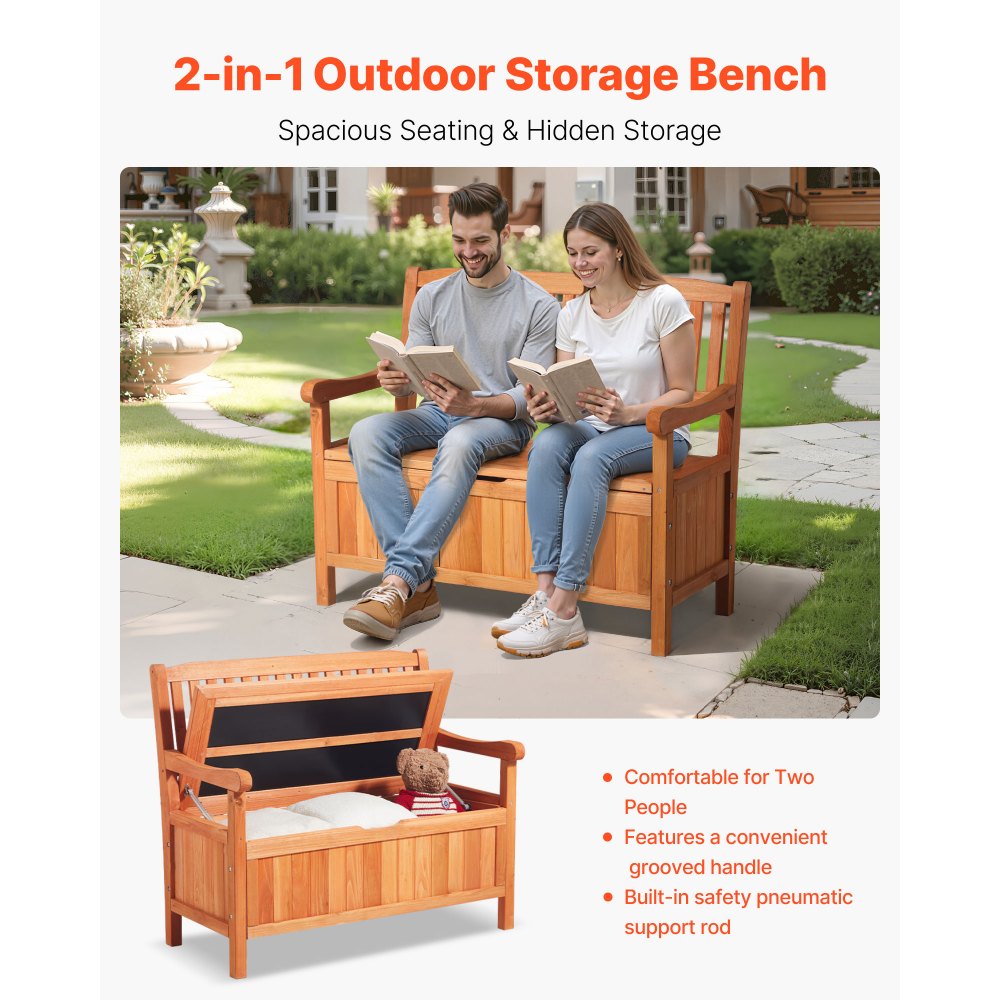 VEVOR Banco de Almacenamiento de Madera 106,5 x 58,5 x 90,1 cm para 2 Personas con Asa Lateral Baúl de Terraza Soporta hasta 319,8 kg Asiento Exterior Resistente para Porche, Patio, Jardín, Balcón