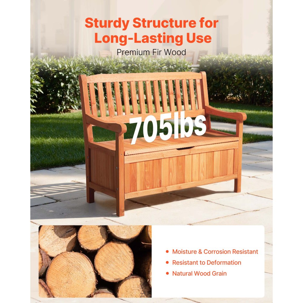VEVOR Banco de Almacenamiento de Madera 106,5 x 58,5 x 90,1 cm para 2 Personas con Asa Lateral Baúl de Terraza Soporta hasta 319,8 kg Asiento Exterior Resistente para Porche, Patio, Jardín, Balcón