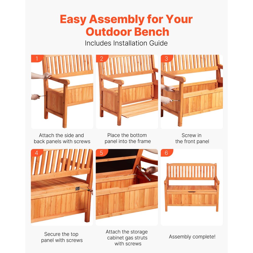 VEVOR Banco de Almacenamiento de Madera 106,5 x 58,5 x 90,1 cm para 2 Personas con Asa Lateral Baúl de Terraza Soporta hasta 319,8 kg Asiento Exterior Resistente para Porche, Patio, Jardín, Balcón