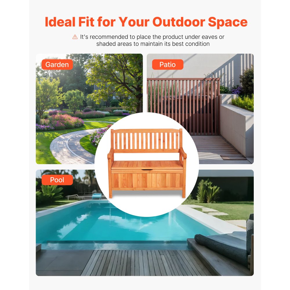 VEVOR Banco de Almacenamiento de Madera 106,5 x 58,5 x 90,1 cm para 2 Personas con Asa Lateral Baúl de Terraza Soporta hasta 319,8 kg Asiento Exterior Resistente para Porche, Patio, Jardín, Balcón