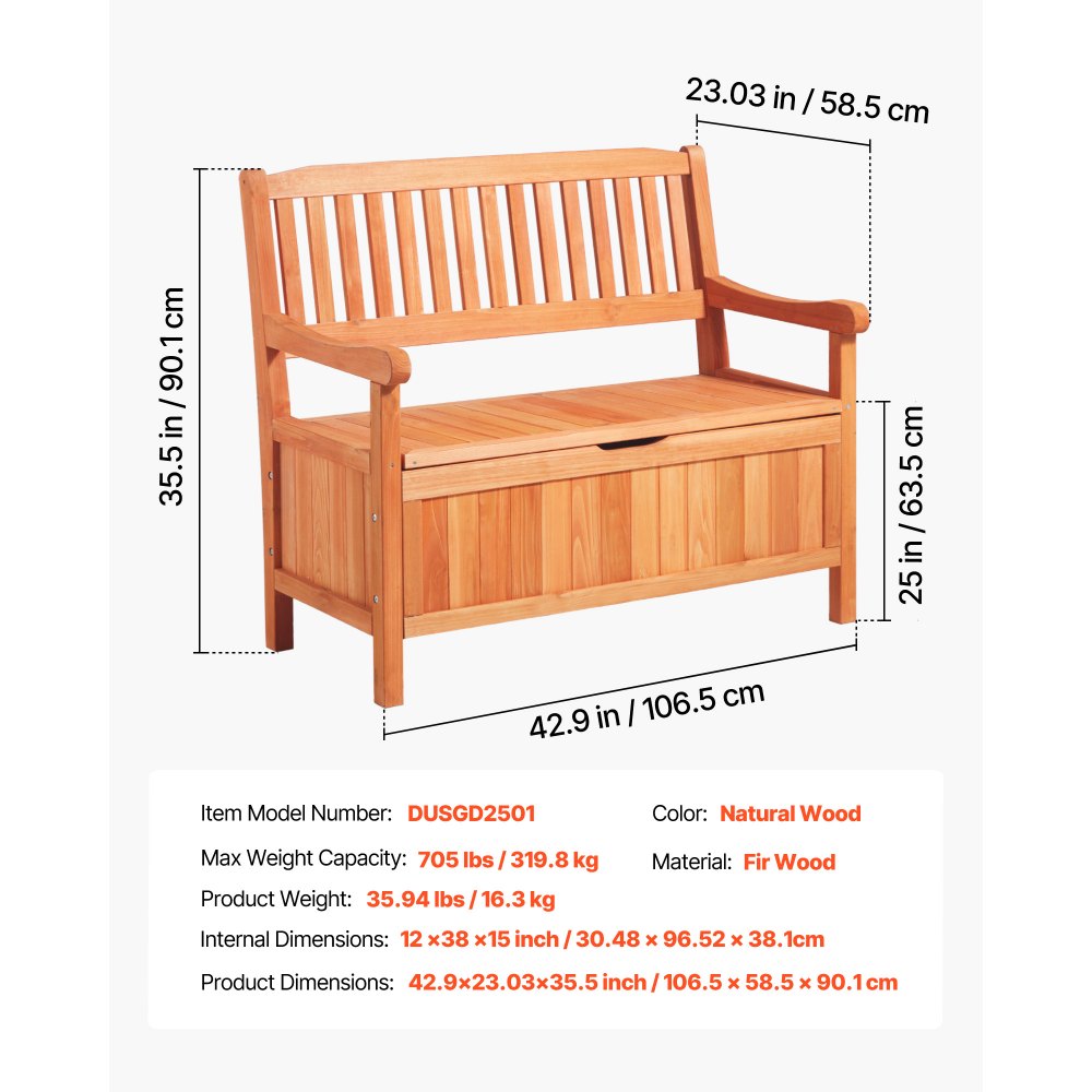 VEVOR Banco de Almacenamiento de Madera 106,5 x 58,5 x 90,1 cm para 2 Personas con Asa Lateral Baúl de Terraza Soporta hasta 319,8 kg Asiento Exterior Resistente para Porche, Patio, Jardín, Balcón