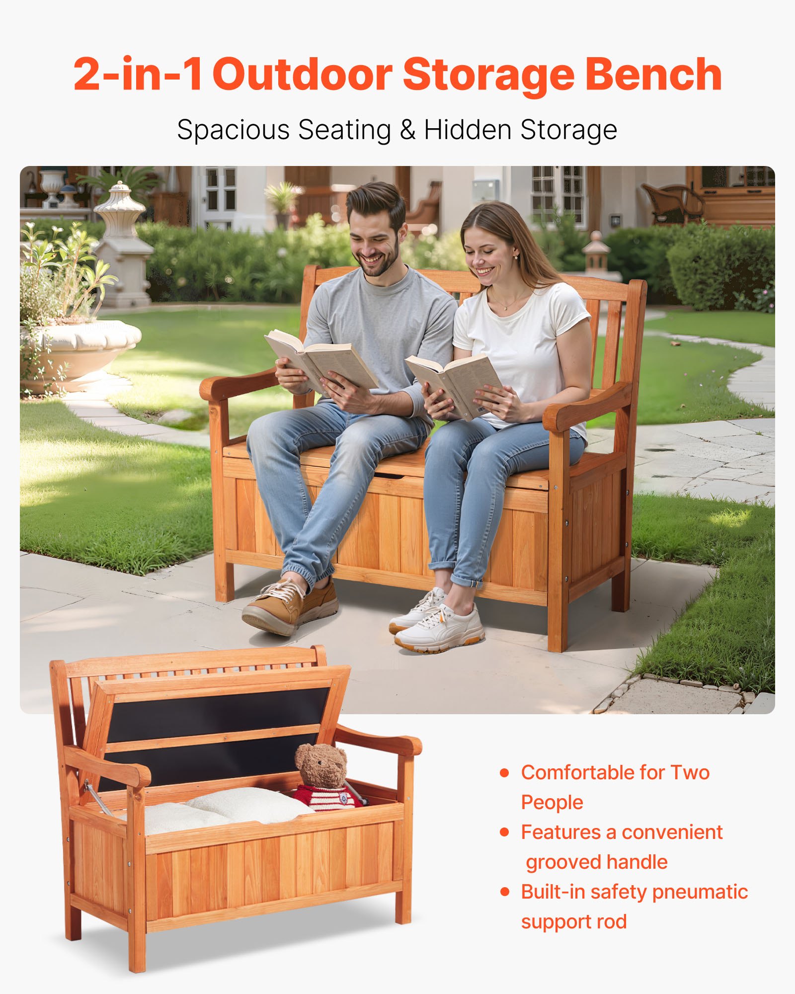 VEVOR Banco de Almacenamiento de Madera 106,5 x 58,5 x 90,1 cm para 2 Personas con Asa Lateral Baúl de Terraza Soporta hasta 319,8 kg Asiento Exterior Resistente para Porche, Patio, Jardín, Balcón