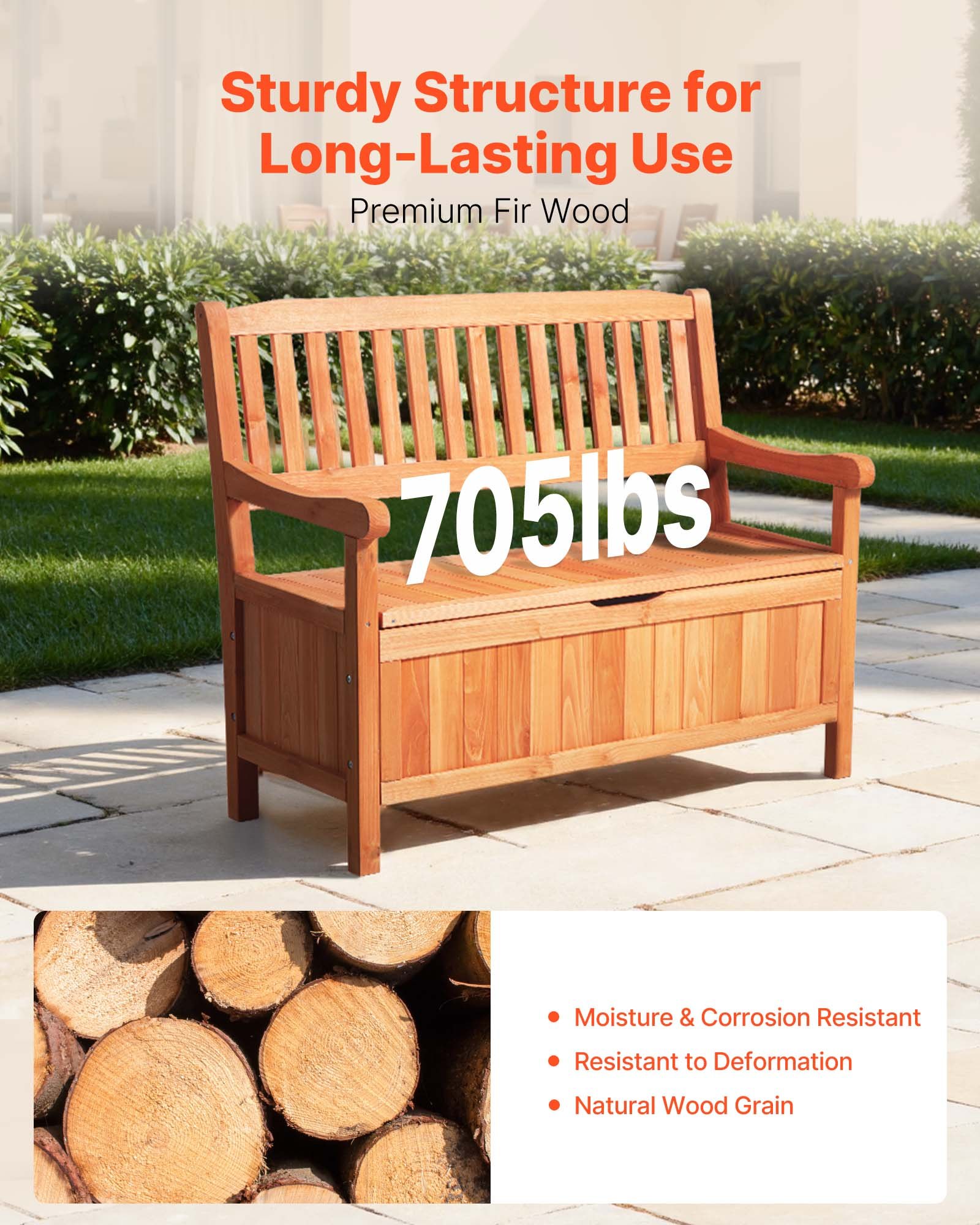 VEVOR Banco de Almacenamiento de Madera 106,5 x 58,5 x 90,1 cm para 2 Personas con Asa Lateral Baúl de Terraza Soporta hasta 319,8 kg Asiento Exterior Resistente para Porche, Patio, Jardín, Balcón