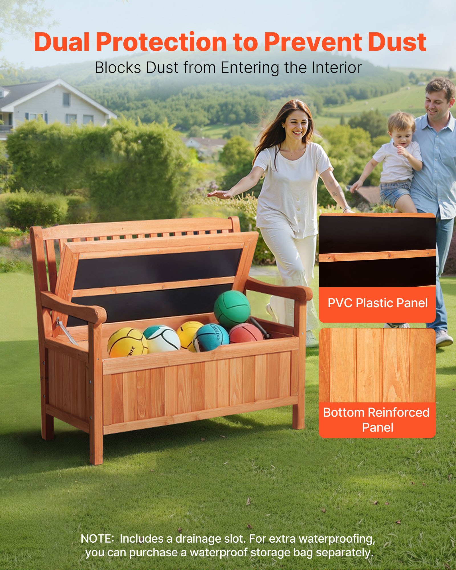 VEVOR Banco de Almacenamiento de Madera 106,5 x 58,5 x 90,1 cm para 2 Personas con Asa Lateral Baúl de Terraza Soporta hasta 319,8 kg Asiento Exterior Resistente para Porche, Patio, Jardín, Balcón