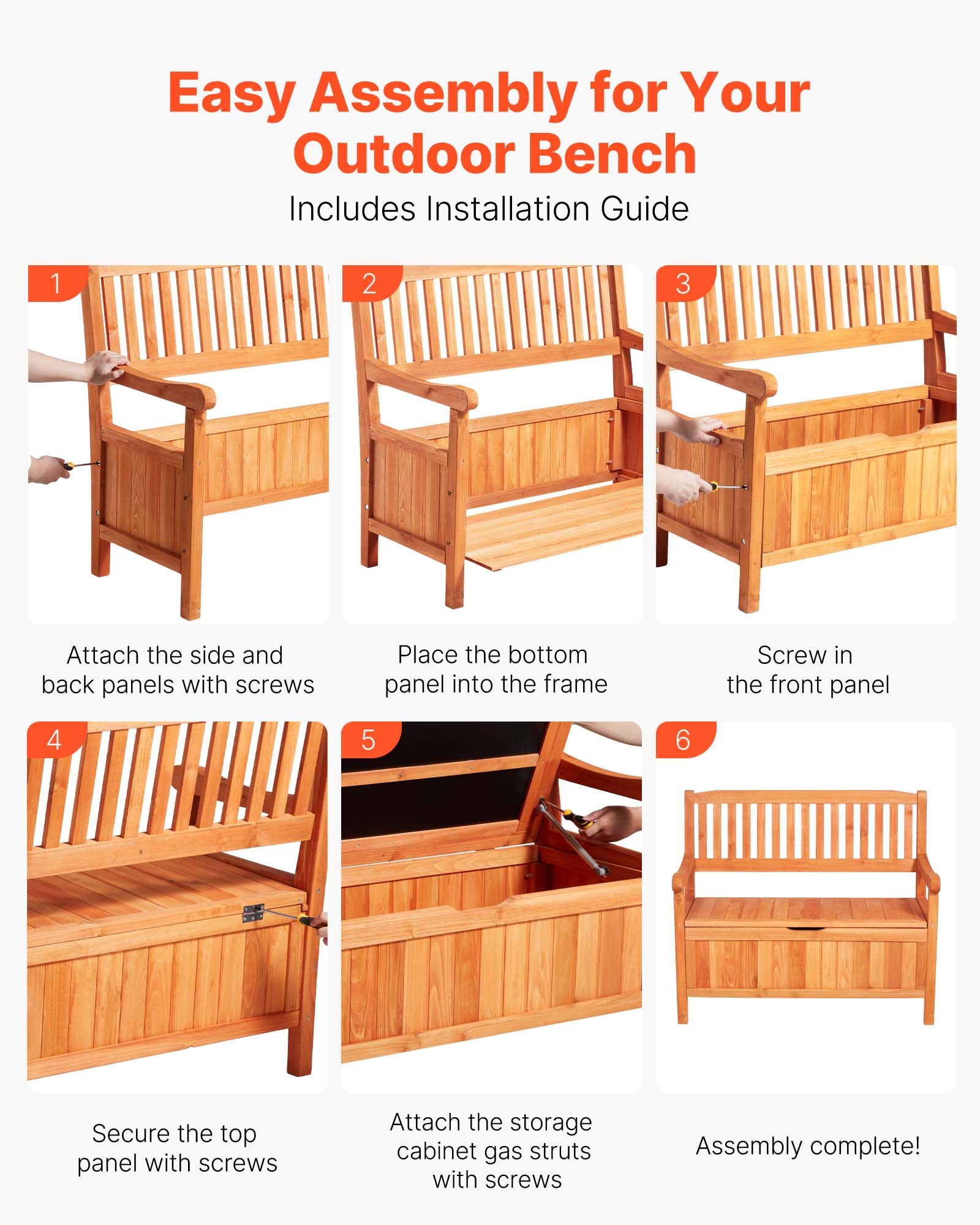 VEVOR Banco de Almacenamiento de Madera 106,5 x 58,5 x 90,1 cm para 2 Personas con Asa Lateral Baúl de Terraza Soporta hasta 319,8 kg Asiento Exterior Resistente para Porche, Patio, Jardín, Balcón