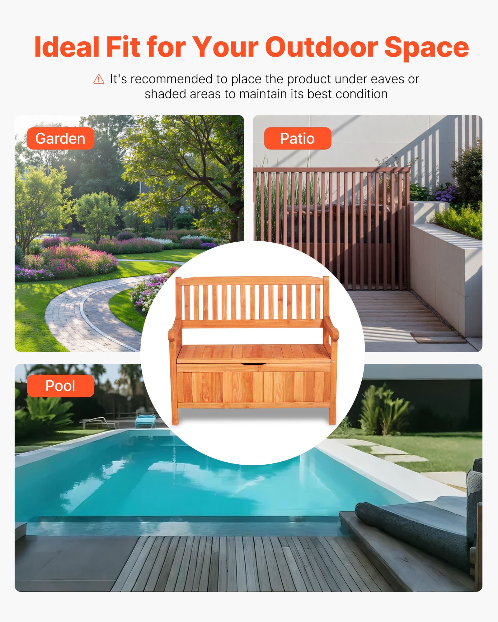 VEVOR Banco de Almacenamiento de Madera 106,5 x 58,5 x 90,1 cm para 2 Personas con Asa Lateral Baúl de Terraza Soporta hasta 319,8 kg Asiento Exterior Resistente para Porche, Patio, Jardín, Balcón
