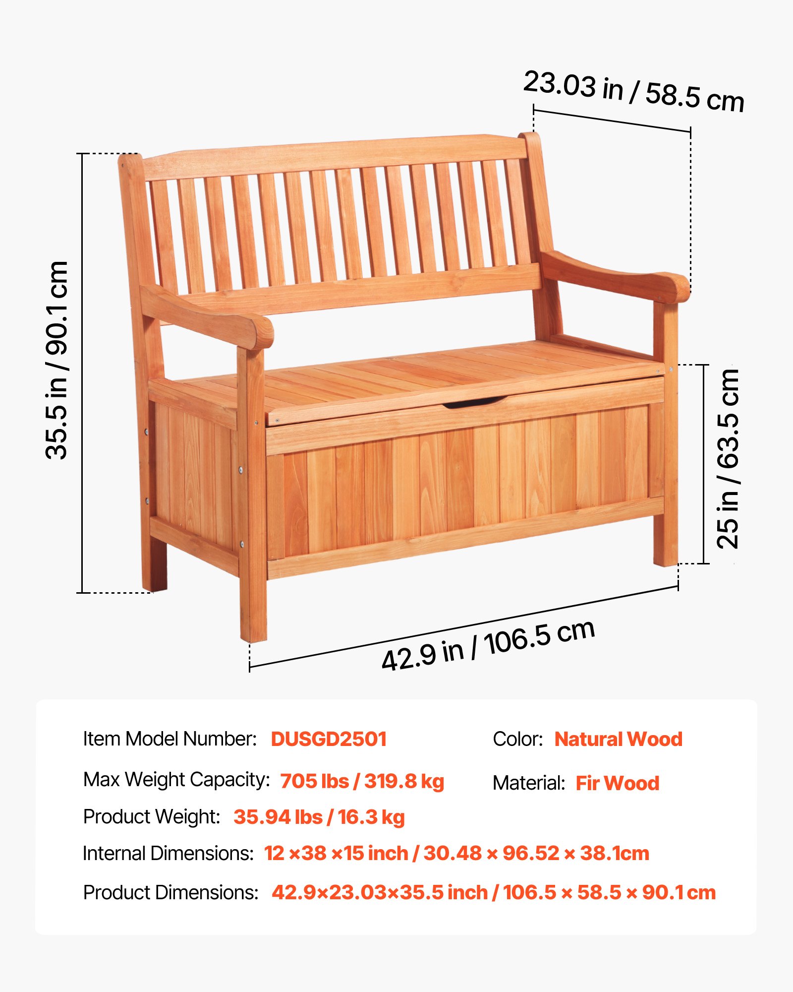 VEVOR Banco de Almacenamiento de Madera 106,5 x 58,5 x 90,1 cm para 2 Personas con Asa Lateral Baúl de Terraza Soporta hasta 319,8 kg Asiento Exterior Resistente para Porche, Patio, Jardín, Balcón
