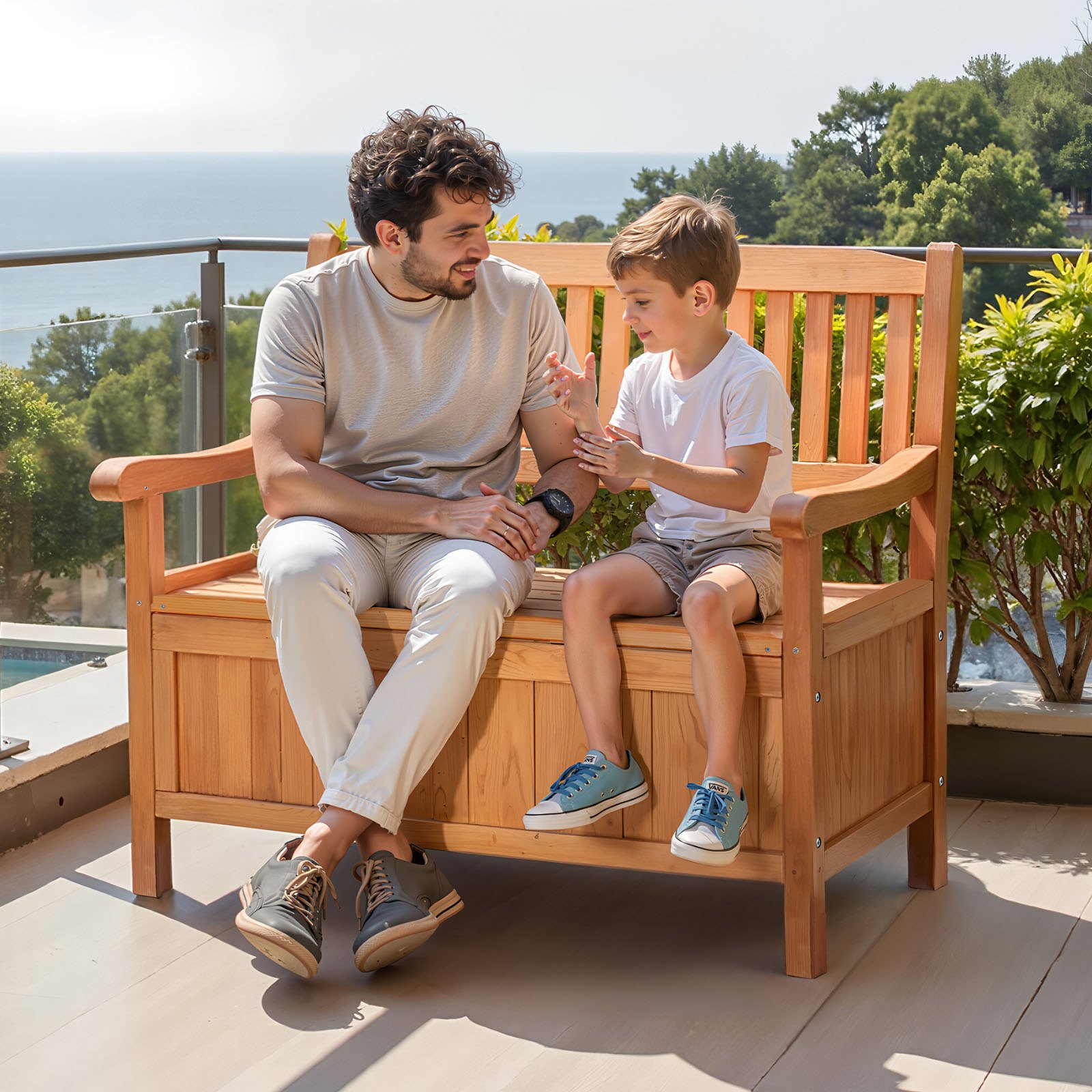 VEVOR Banco de Almacenamiento de Madera 106,5 x 58,5 x 90,1 cm para 2 Personas con Asa Lateral Baúl de Terraza Soporta hasta 319,8 kg Asiento Exterior Resistente para Porche, Patio, Jardín, Balcón