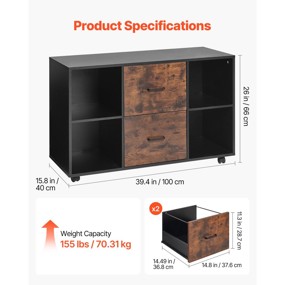 VEVOR Gabinete de Archivos de 2 Cajones Archivador Móvil de Madera con 4 Estantes Abiertos 100 x 40 x 66 cm Almacenamiento de Archivos Documentos con Ruedas para Casa, Oficina, Escuela, Negro