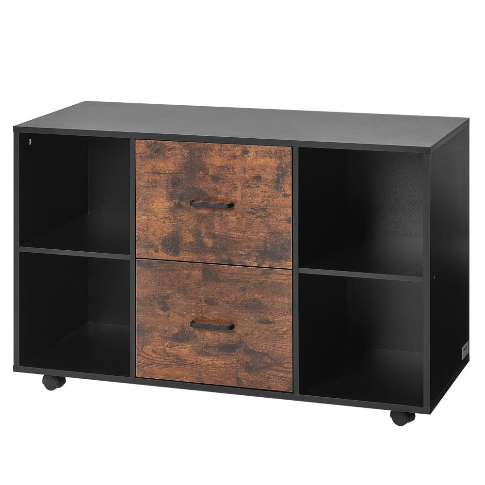 VEVOR Gabinete de Archivos de 2 Cajones Archivador Móvil de Madera con 4 Estantes Abiertos 100 x 40 x 66 cm Almacenamiento de Archivos Documentos con Ruedas para Casa, Oficina, Escuela, Negro