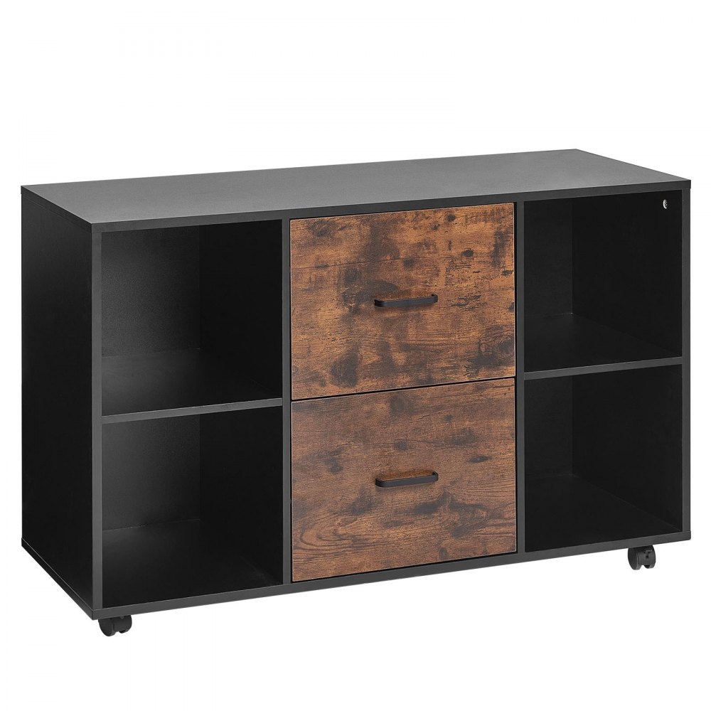 VEVOR Gabinete de Archivos de 2 Cajones Archivador Móvil de Madera con 4 Estantes Abiertos 100 x 40 x 66 cm Almacenamiento de Archivos Documentos con Ruedas para Casa, Oficina, Escuela, Negro