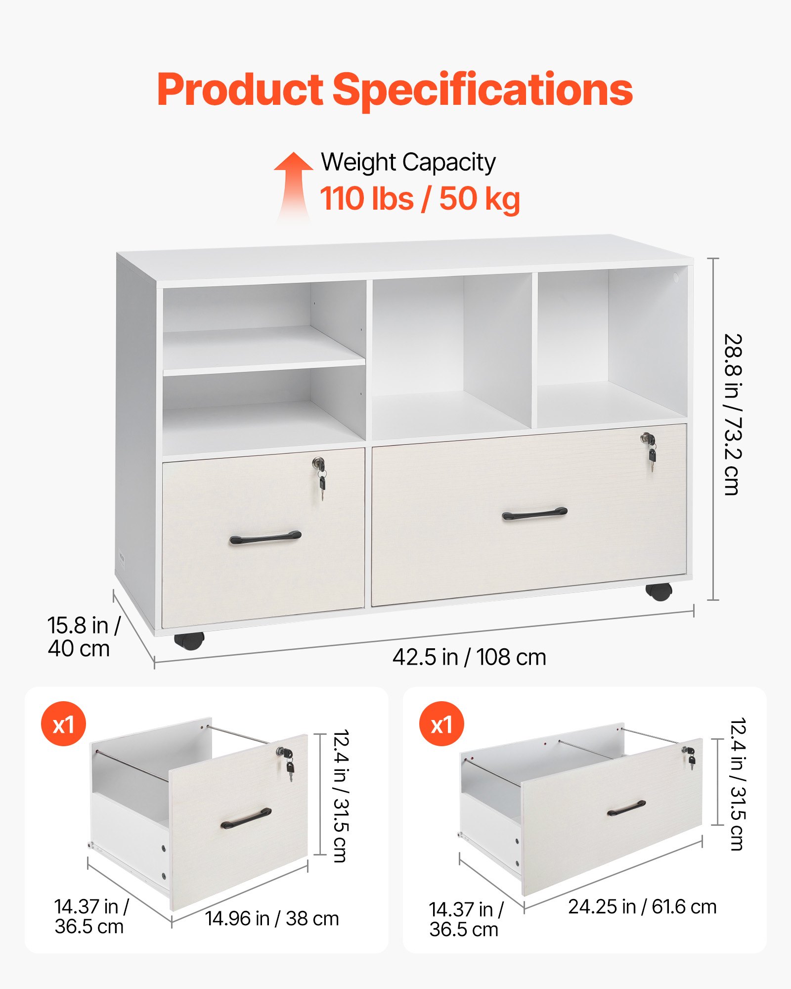 VEVOR Gabinete de Archivos de 2 Cajones Archivador Móvil de Madera con Estantes Abiertos 108 x 40 x 73,2 cm Almacenamiento de Archivos Documentos con Ruedas para Casa, Oficina, Escuela, Blanco