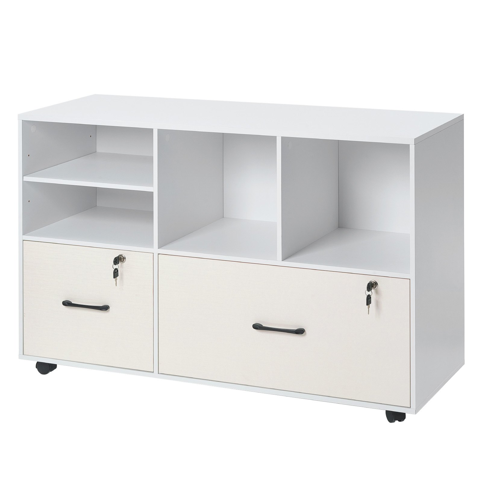 VEVOR Gabinete de Archivos de 2 Cajones Archivador Móvil de Madera con Estantes Abiertos 108 x 40 x 73,2 cm Almacenamiento de Archivos Documentos con Ruedas para Casa, Oficina, Escuela, Blanco
