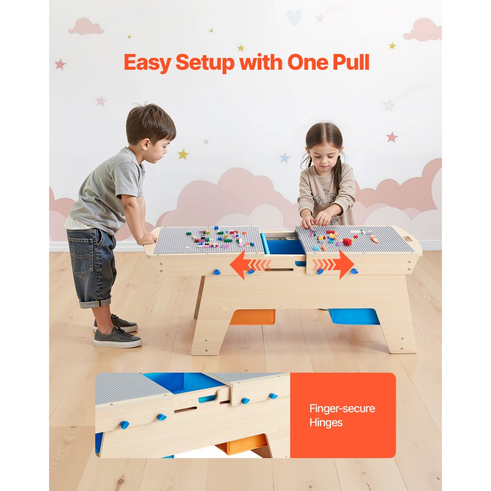 VEVOR Kids Reversible Wooden Activity Table, Multi-Purpose Activity Play Table with 200 Building Bricks & 3 Storage Bins for Kids 3+ Years, Large Storage Space, Present for Boys & Girls, Natural