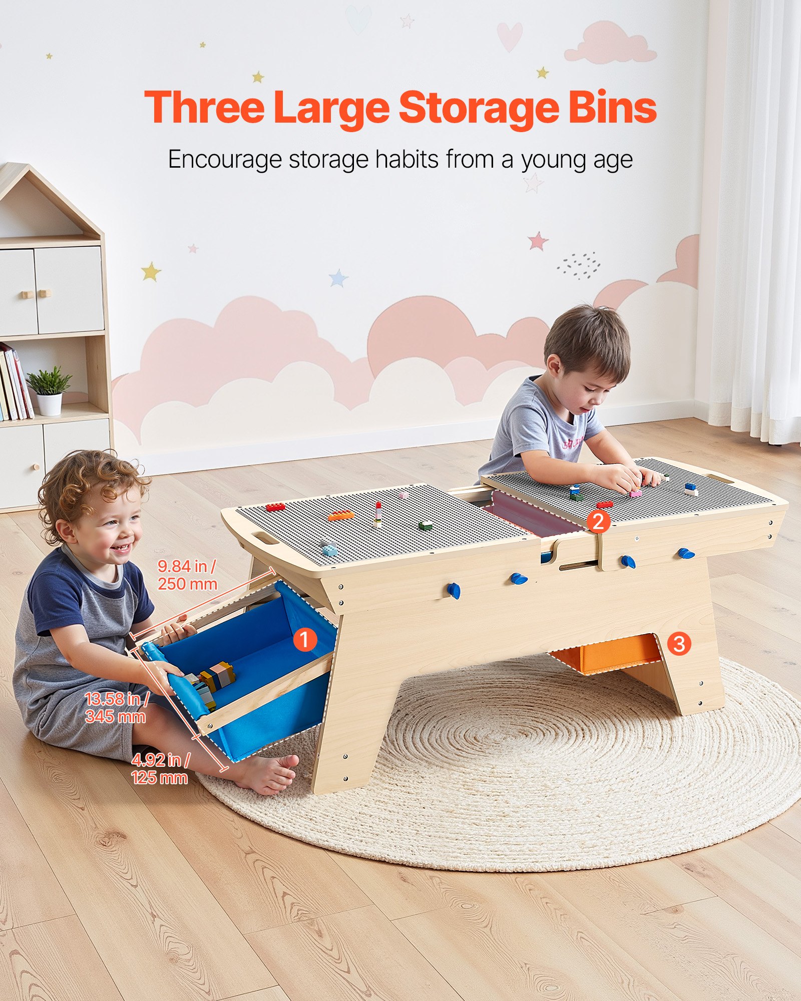 VEVOR Kids Reversible Wooden Activity Table, Multi-Purpose Activity Play Table with 200 Building Bricks & 3 Storage Bins for Kids 3+ Years, Large Storage Space, Present for Boys & Girls, Natural