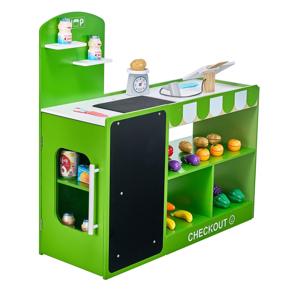 VEVOR Juego de Tienda de Comestibles para Niños Juguete de Puesto de Mercado de Madera con Bolsa de Compras, Cinta Transportadora, Escáner, Caja Registradora, Báscula, para Niños Más de 3 Años