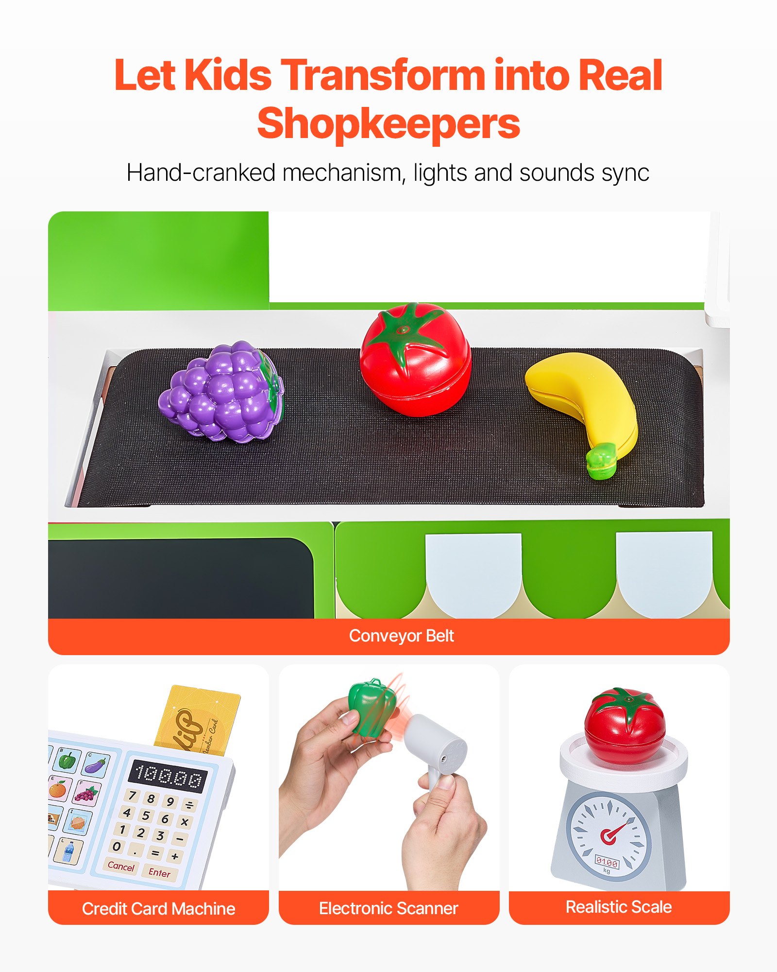 VEVOR Juego de Tienda de Comestibles para Niños Juguete de Puesto de Mercado de Madera con Bolsa de Compras, Cinta Transportadora, Escáner, Caja Registradora, Báscula, para Niños Más de 3 Años