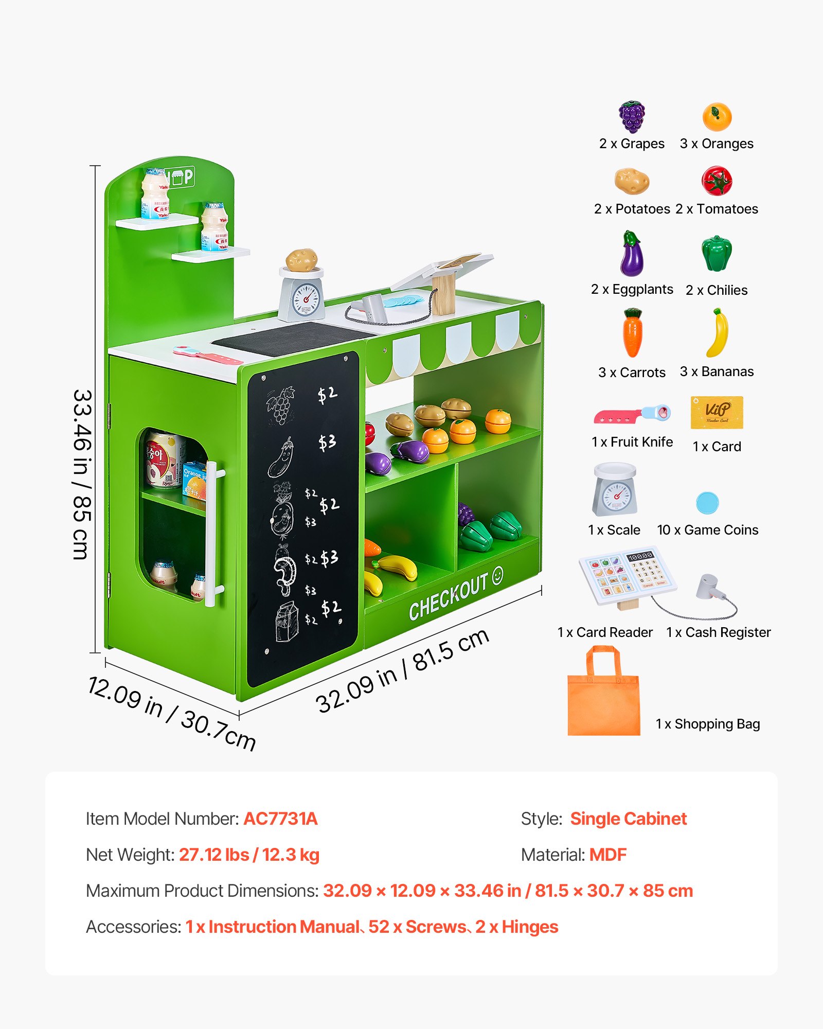 VEVOR Juego de Tienda de Comestibles para Niños Juguete de Puesto de Mercado de Madera con Bolsa de Compras, Cinta Transportadora, Escáner, Caja Registradora, Báscula, para Niños Más de 3 Años