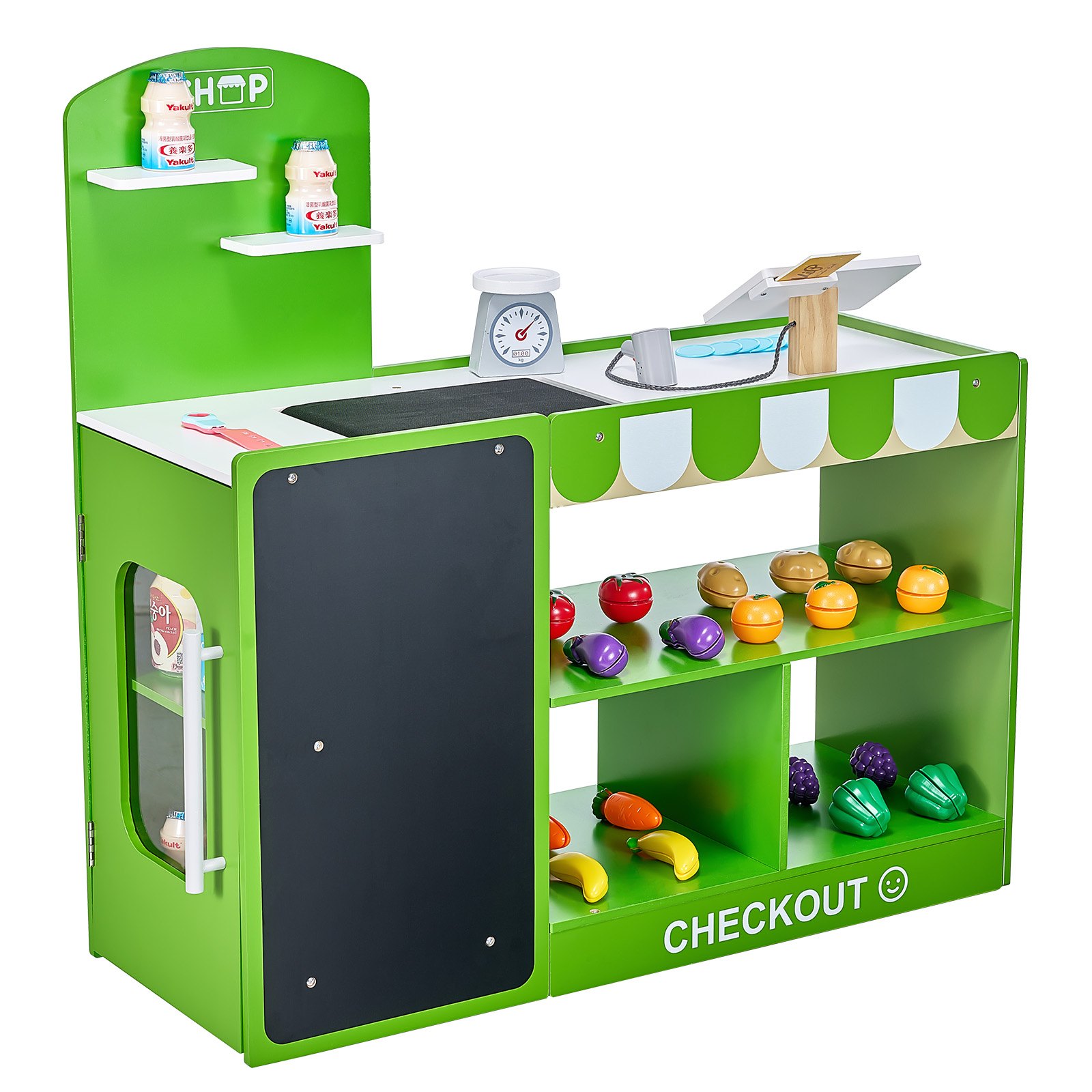 VEVOR Juego de Tienda de Comestibles para Niños Juguete de Puesto de Mercado de Madera con Bolsa de Compras, Cinta Transportadora, Escáner, Caja Registradora, Báscula, para Niños Más de 3 Años