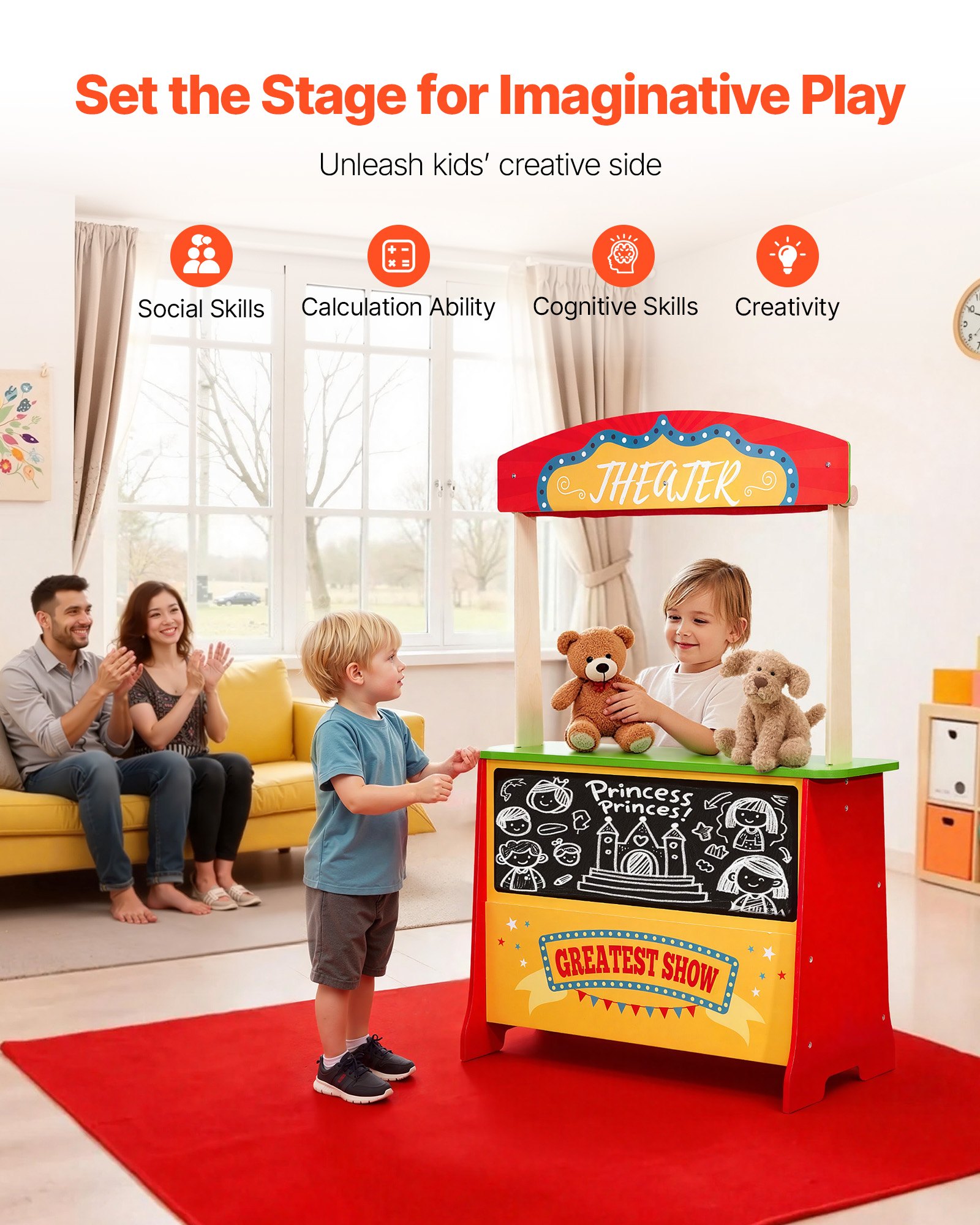 VEVOR Juguete de Madera para Niños de Doble Cara 2 en 1 Juego de Puesto de Mercado y Teatro Juego de Simulación con Pizarra, Cortina, Caja Registradora, Bolsa de Compras, para Niños Más de 3 Años