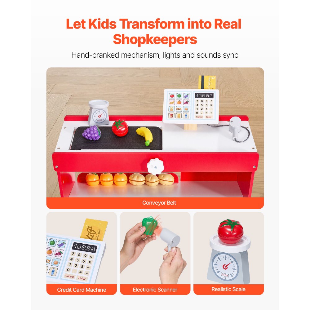 VEVOR Juguete de Tienda de Comestibles para Niños Juego de Supermercado de Madera con Bolsa de Compras, Cinta Transportadora, Escáner, Caja Registradora, Báscula Realista, para Niños Más de 3 Años