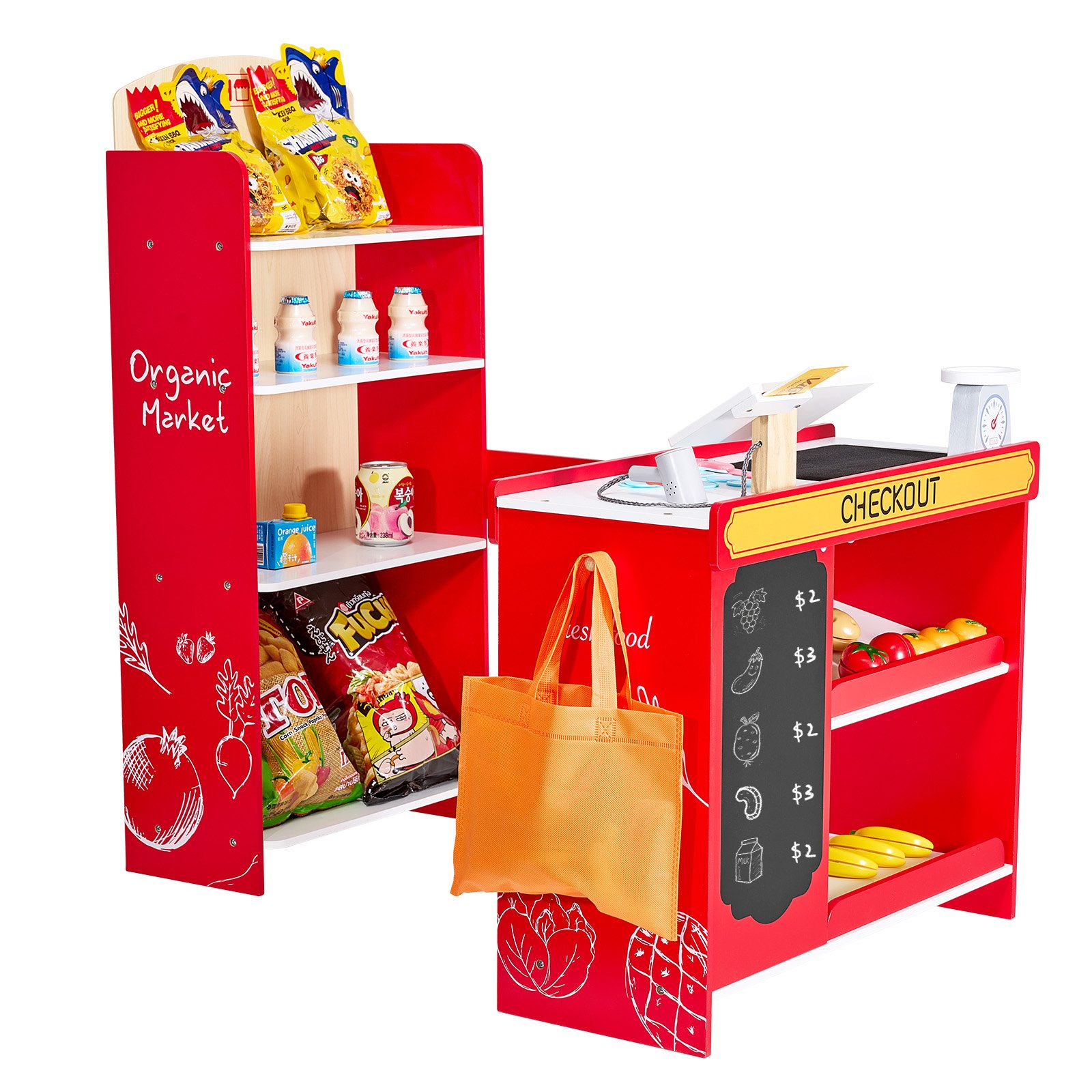 VEVOR Juguete de Tienda de Comestibles para Niños Juego de Supermercado de Madera con Bolsa de Compras, Cinta Transportadora, Escáner, Caja Registradora, Báscula Realista, para Niños Más de 3 Años