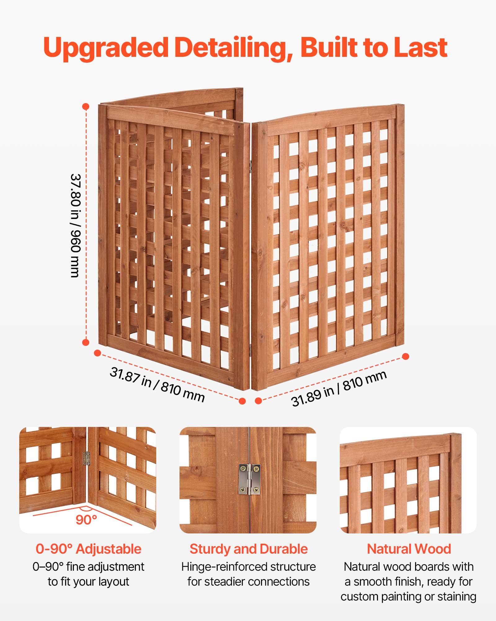 VEVOR Vallas de Madera 810 x 960 mm, Pantalla de Privacidad Exterior con 3 Paneles, Ángulo ajustable, Resistente al Clima, Reforzada con Bisagras, para Ocultar Equipo de Piscina, Cubos de Basura y AC