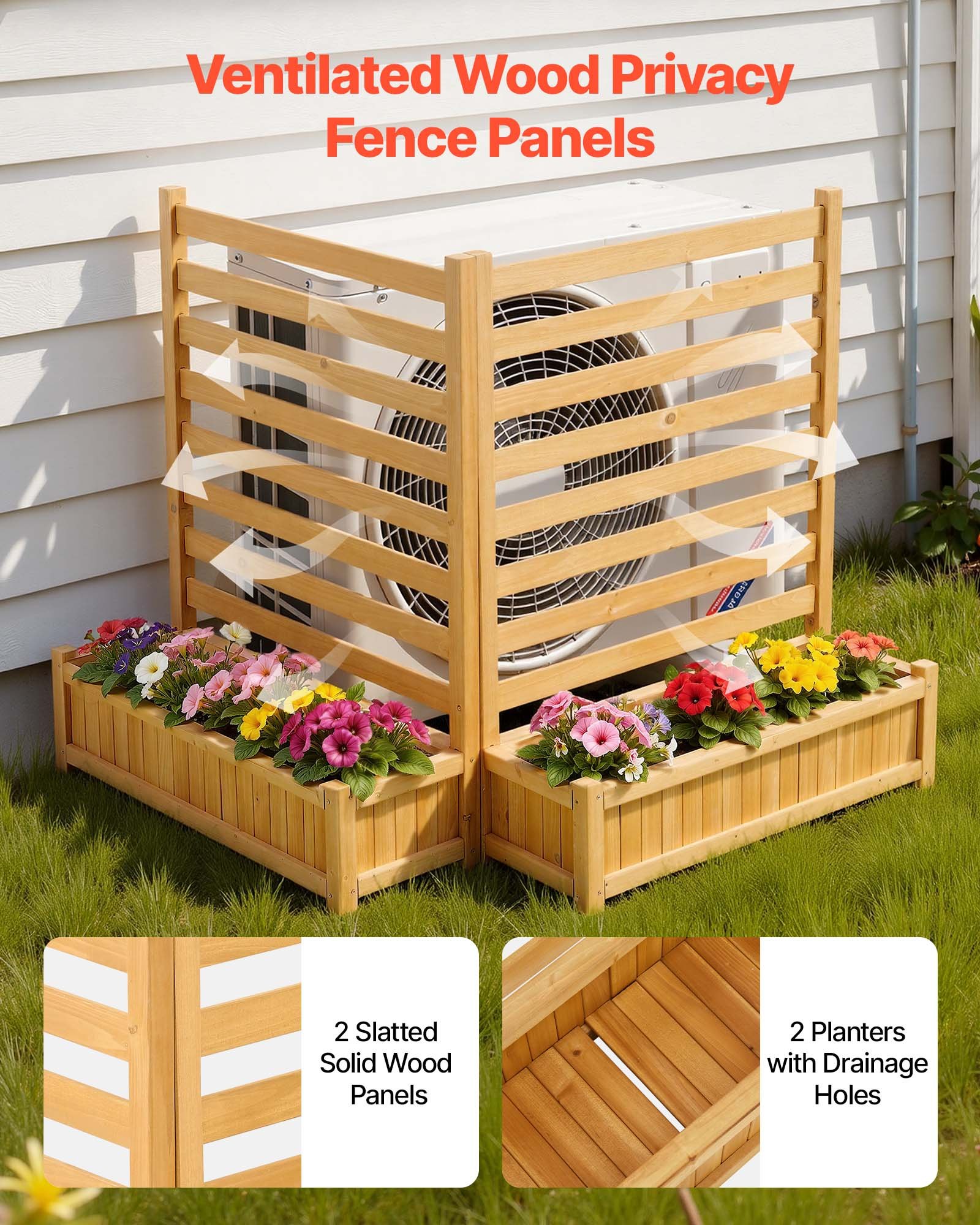 VEVOR Vallas de Madera Jardín 914 x 1143 mm, Pantalla de Privacidad con Espaciado para Ventilación, 2 Maceteros, 2 Paneles, Resistente al Clima, para Ocultar Cubos de Basura, AC y Equipo de Piscina