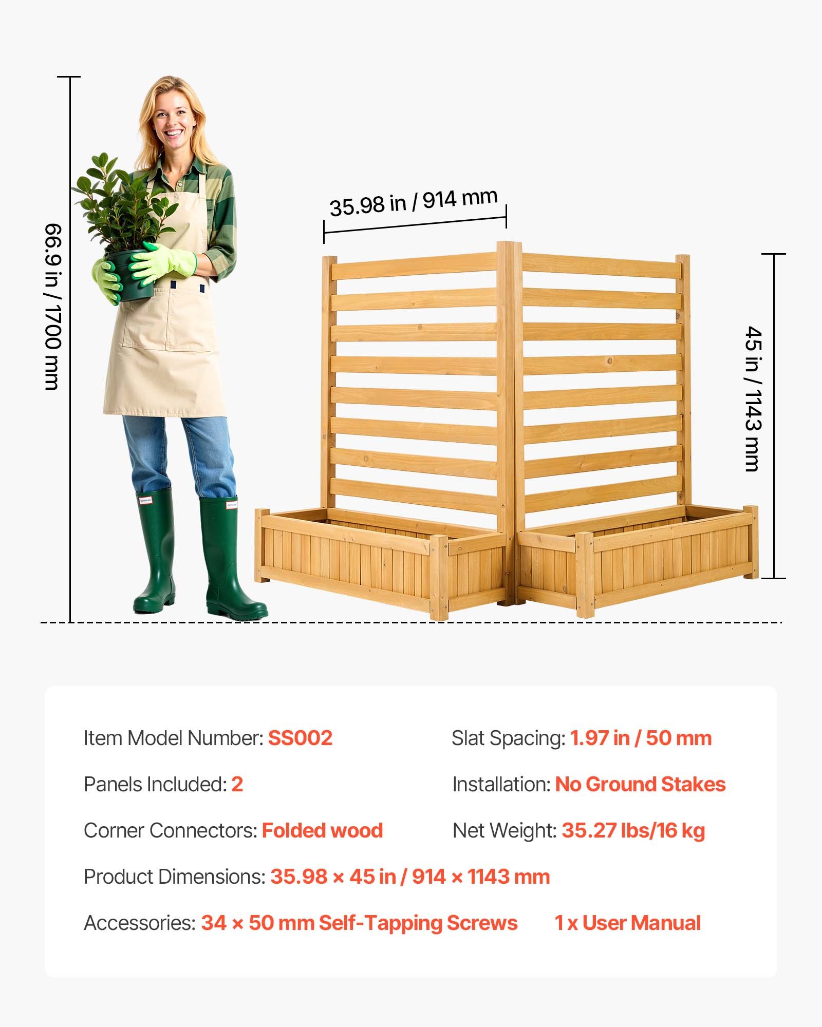 VEVOR Vallas de Madera Jardín 914 x 1143 mm, Pantalla de Privacidad con Espaciado para Ventilación, 2 Maceteros, 2 Paneles, Resistente al Clima, para Ocultar Cubos de Basura, AC y Equipo de Piscina