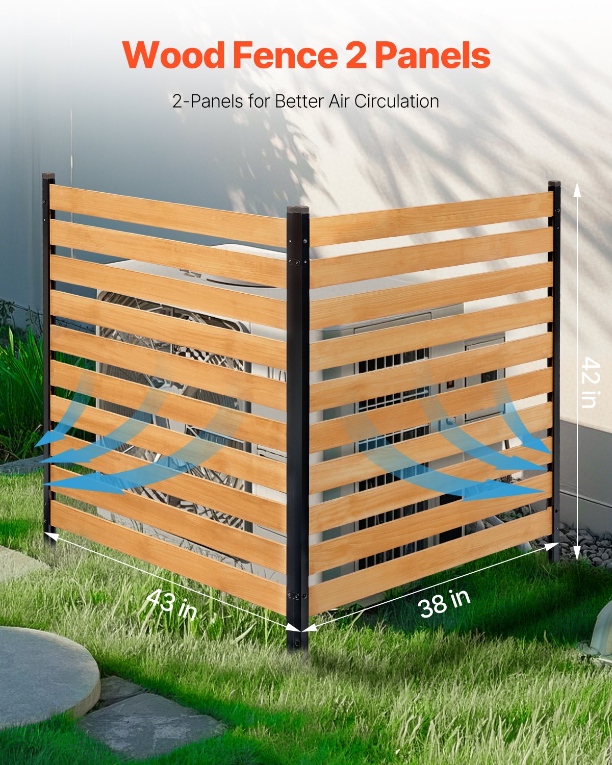 VEVOR Valla de Madera 1100 x 982 mm, Valla de Listones de 2 Paneles, Cerramiento con Estacas de Metal, Valla de madera para Exteriores para Decoración de Jardín, Aire Acondicionado, Equipo de Piscina