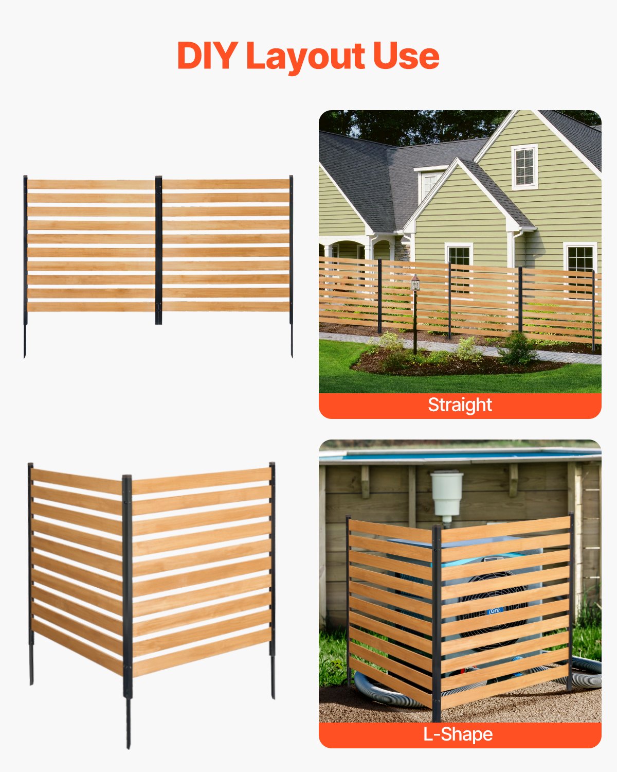 VEVOR Valla de Madera 1100 x 982 mm, Valla de Listones de 2 Paneles, Cerramiento con Estacas de Metal, Valla de madera para Exteriores para Decoración de Jardín, Aire Acondicionado, Equipo de Piscina