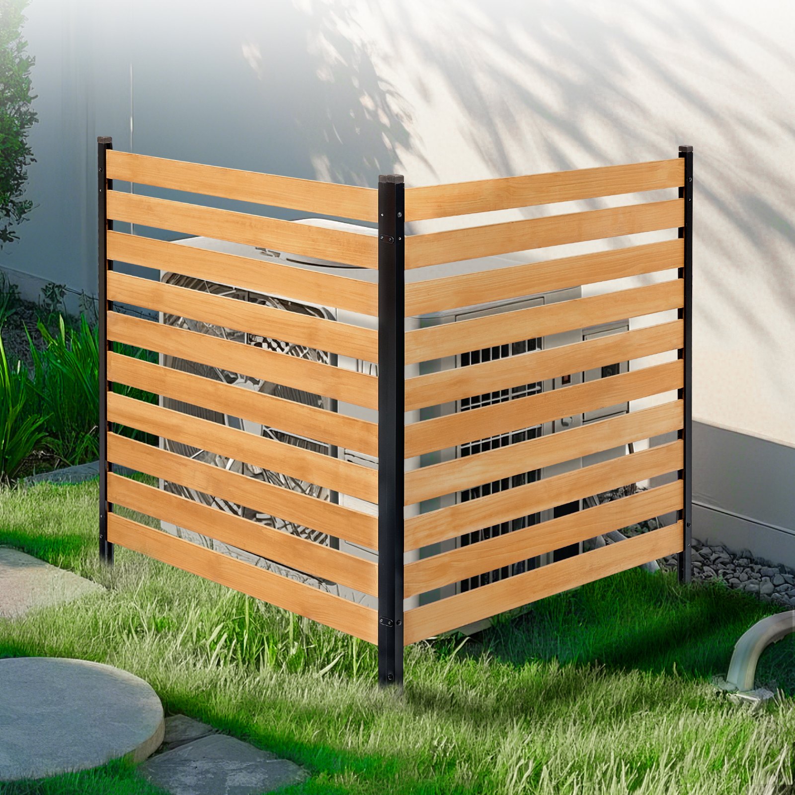 VEVOR Valla de Madera 1100 x 982 mm, Valla de Listones de 2 Paneles, Cerramiento con Estacas de Metal, Valla de madera para Exteriores para Decoración de Jardín, Aire Acondicionado, Equipo de Piscina
